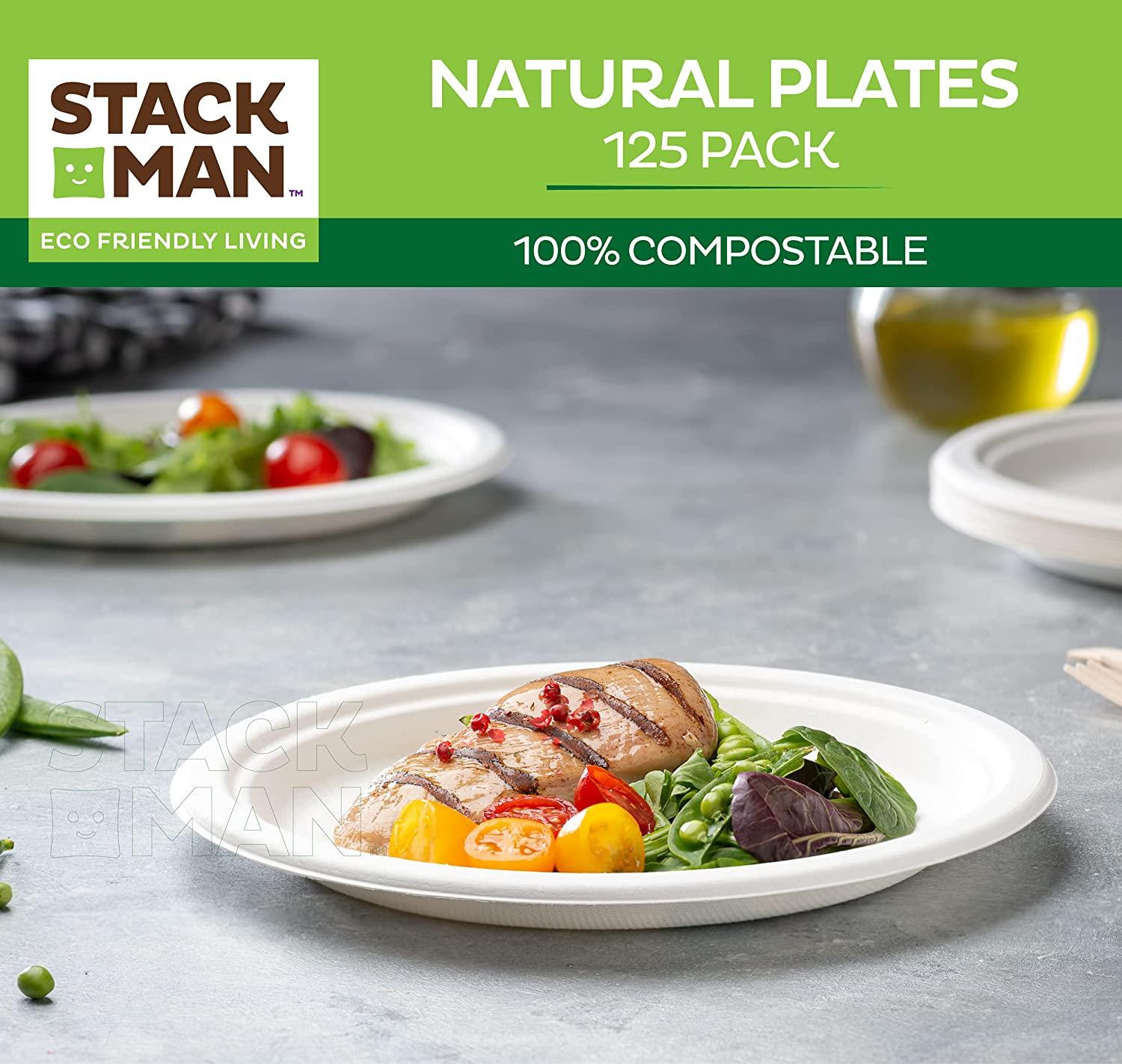 Comfy Package 100% Compostable 9 inch Heavy-Duty Plates [125 Pack] Eco-Friendly Disposable Sugarcane Paper Plates