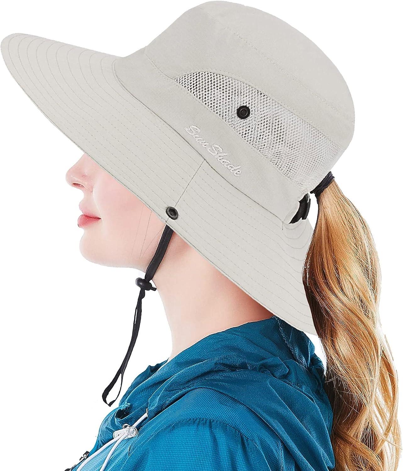 Womens Summer Sun-Hat Outdoor UV Protection Fishing Hat Wide Brim  Foldable-Beach-Bucket-Hat with Ponytail-Hole Beige