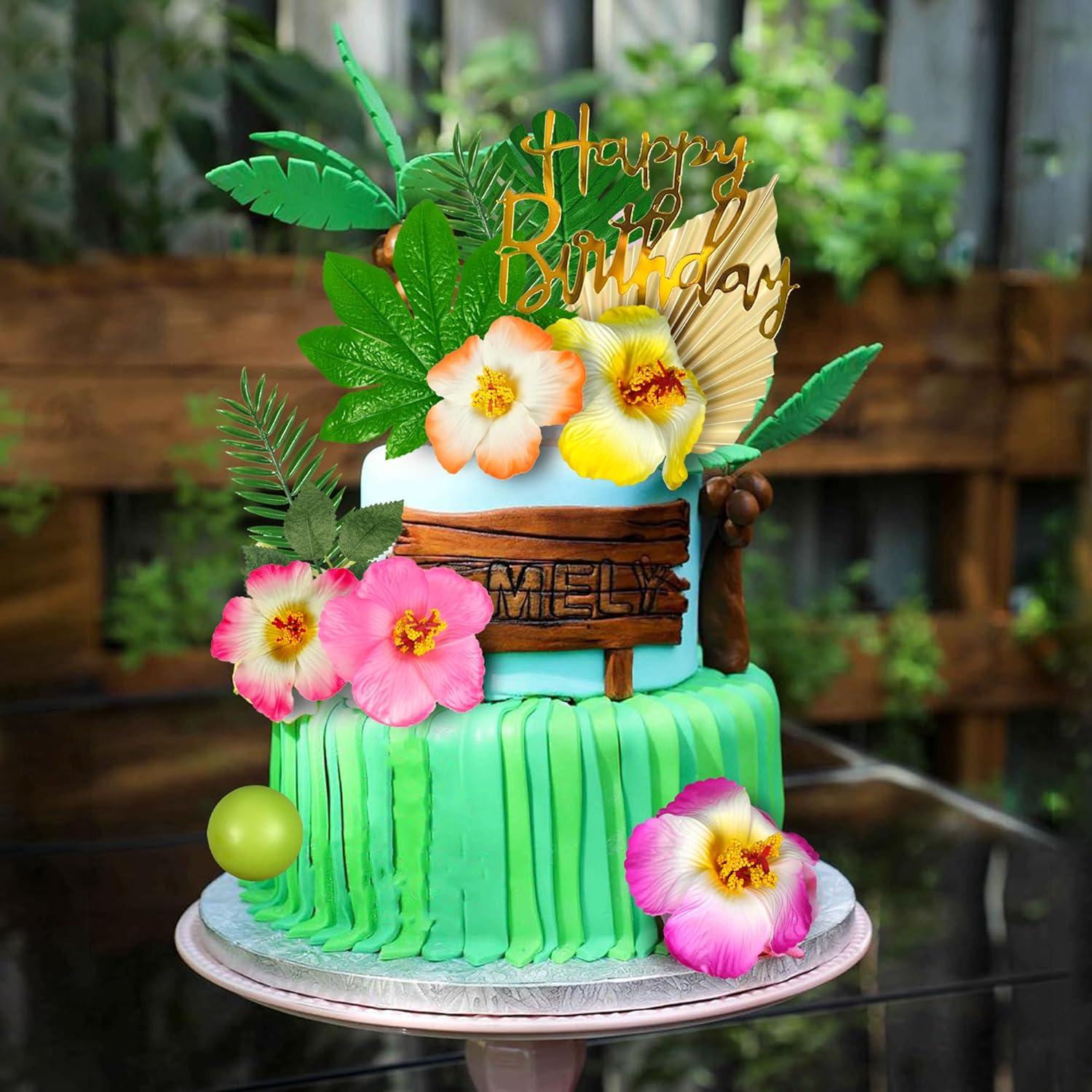 thumbnail image 2 of 23 PCS Flower Cake Topper Hawaiian Cake Decorations With Palm Leaves Hibiscus Flowers Balls For Hawaii Aloha Jungle Summer Theme Wedding Birthday Baby Shower (Blue 2 of 9