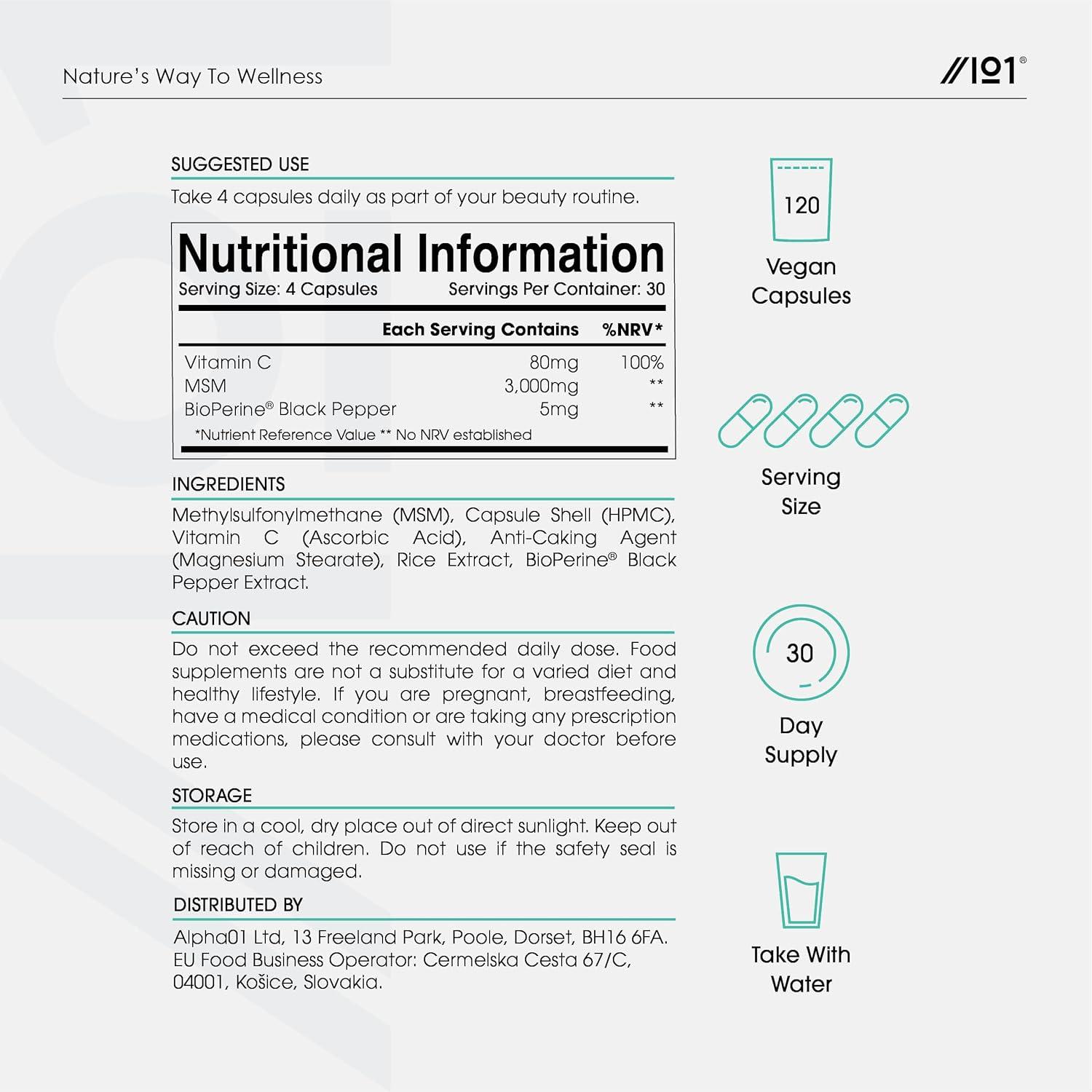 MSM 3000mg with Vitamin C & BioPerine Supports Collagen Formation for