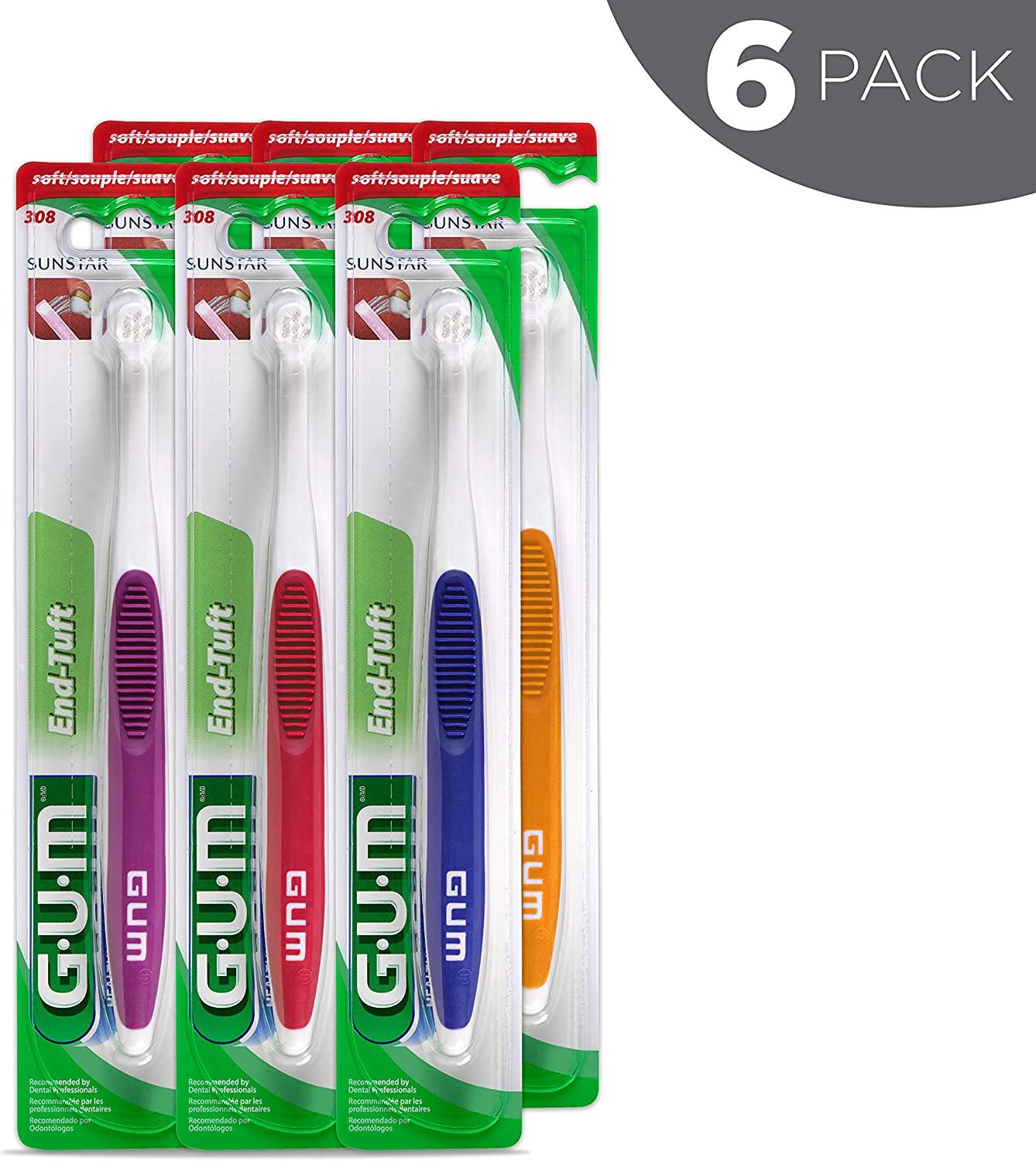 GUM 10070942003084 EndTuft Toothbrush for HardtoReach Areas, Soft Bristles (Pack of 6