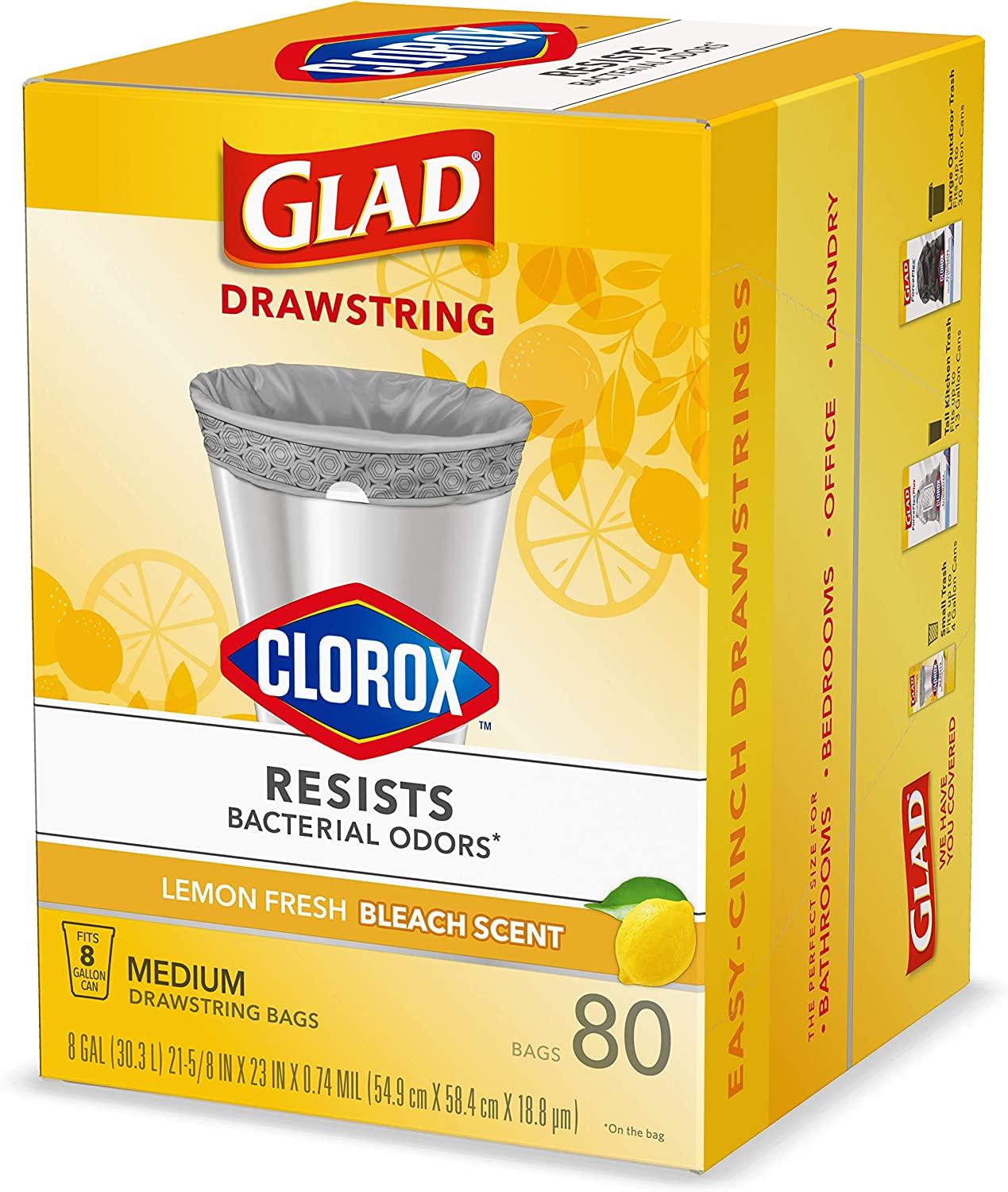 Glad Medium Drawstring Trash Bags with Clorox, 8 Gallon, Lemon Fresh Bleach  Scent, 80 Count