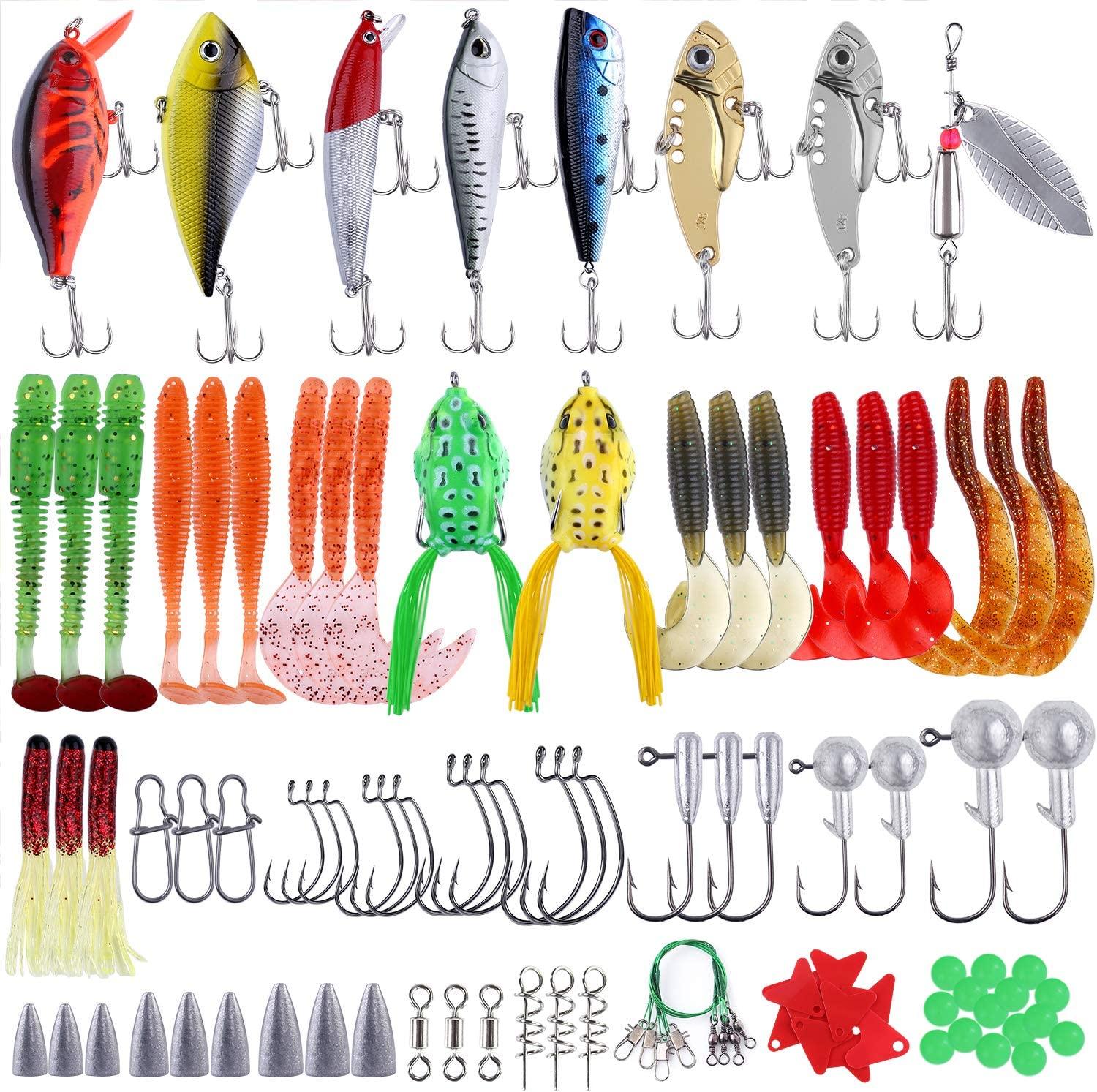  PLUSINNO 108PCS Fishing Accessories Kit Including Crankbaits,  Spinnerbaits, Plastic Worms, Topwater Lures, Fishing Hooks, Fishing Weights  Sinkers and More Fishing Gear Lures Kit Set : Sports & Outdoors