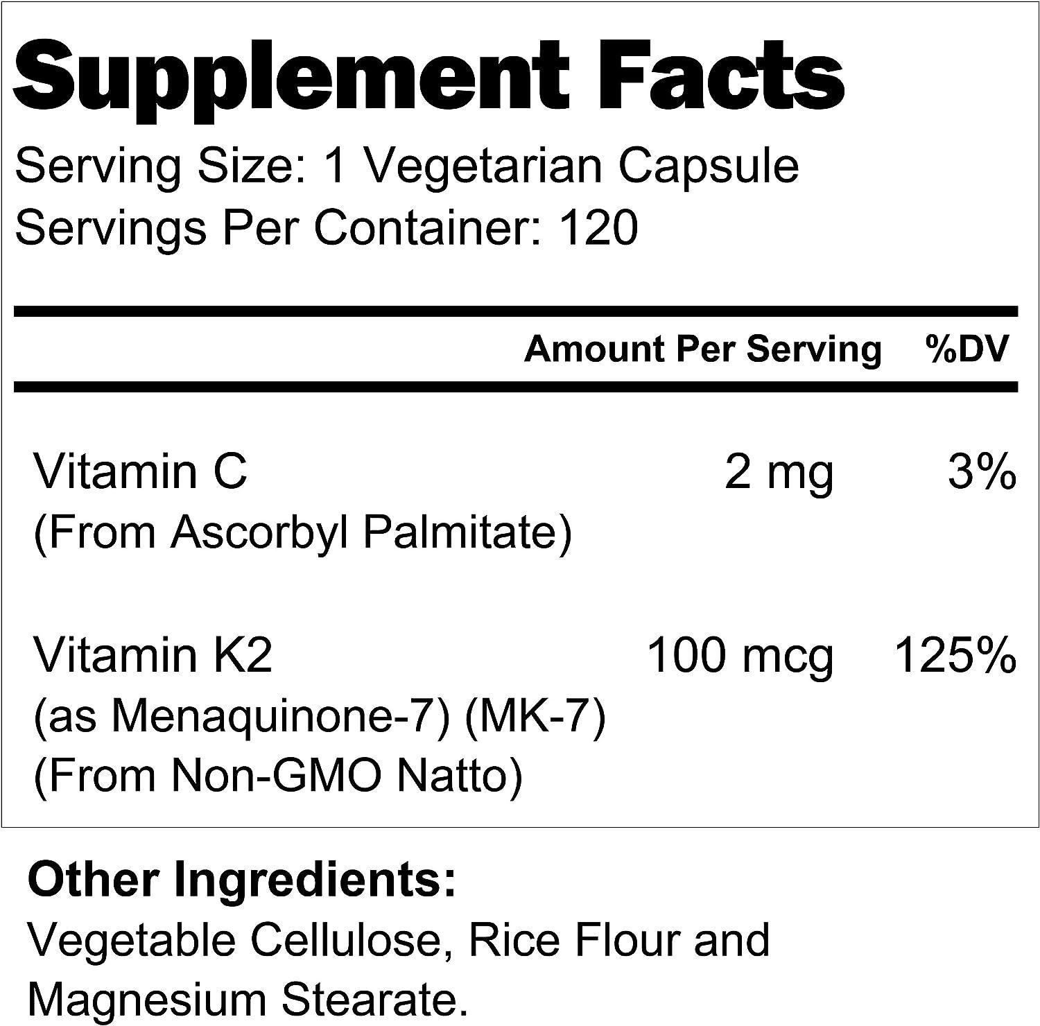 Vitamin K2 MK7 100 Mcg with MenaQ7 120 Vegetarian Capsules From Pure Natto Nattokinase K2