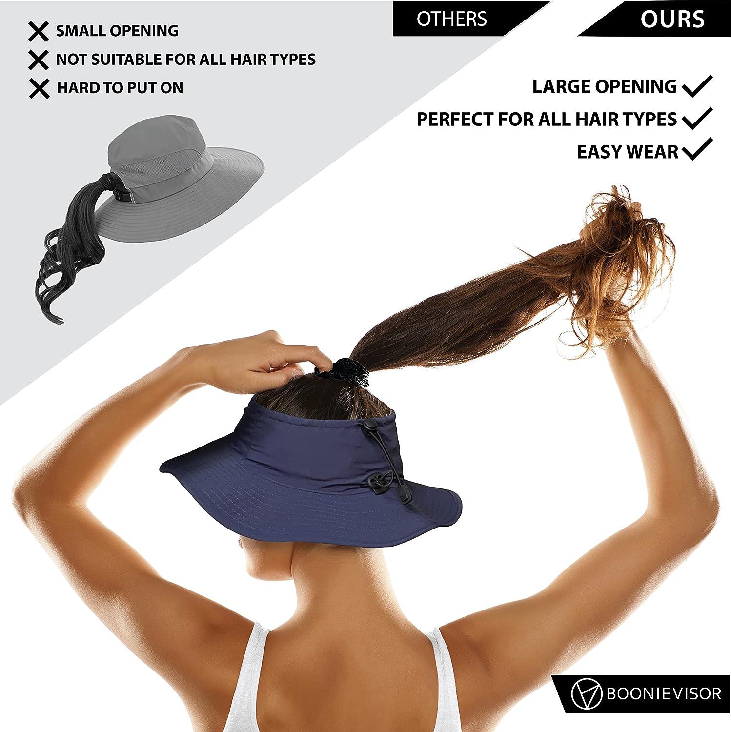 BOONIEVISOR Topless Sun Hat Wide Brim for Ponytail Curly Hair Messy Bun  Dreadlocks UPF 50 Outdoor Hat Navy