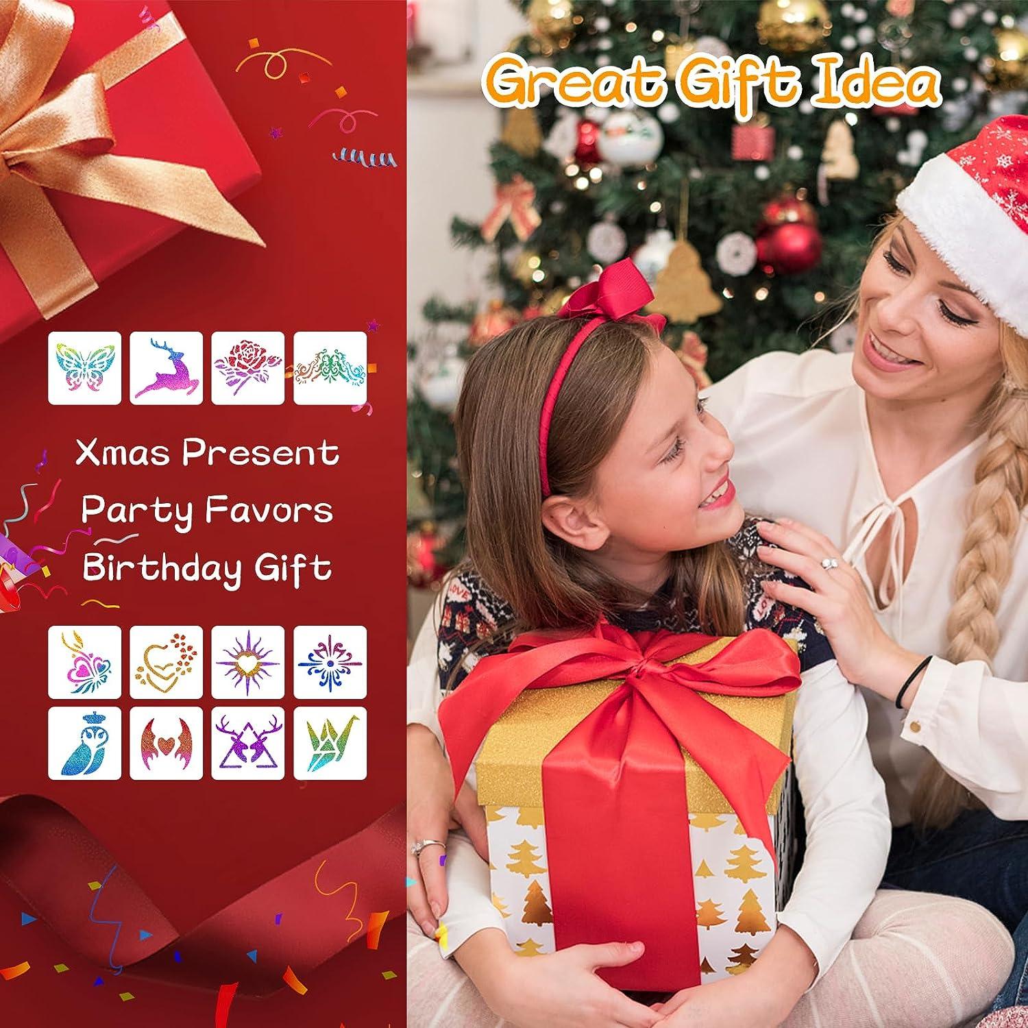 Glitter Tattoo Kit for Kids & Women 24 Sparkly Colors, 6 Fluorescent, 105 Stencils, Body Glue