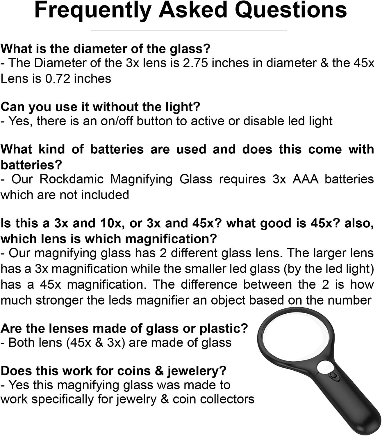 RockDaMic Professional Magnifying Glass with Light (3X / 45x) Large Lighted  Handheld Glass Magnifier Lupa for Reading, Jewelry, Coins, Stamps, Fine  Print - Strongest Magnify for Kids & Seniors