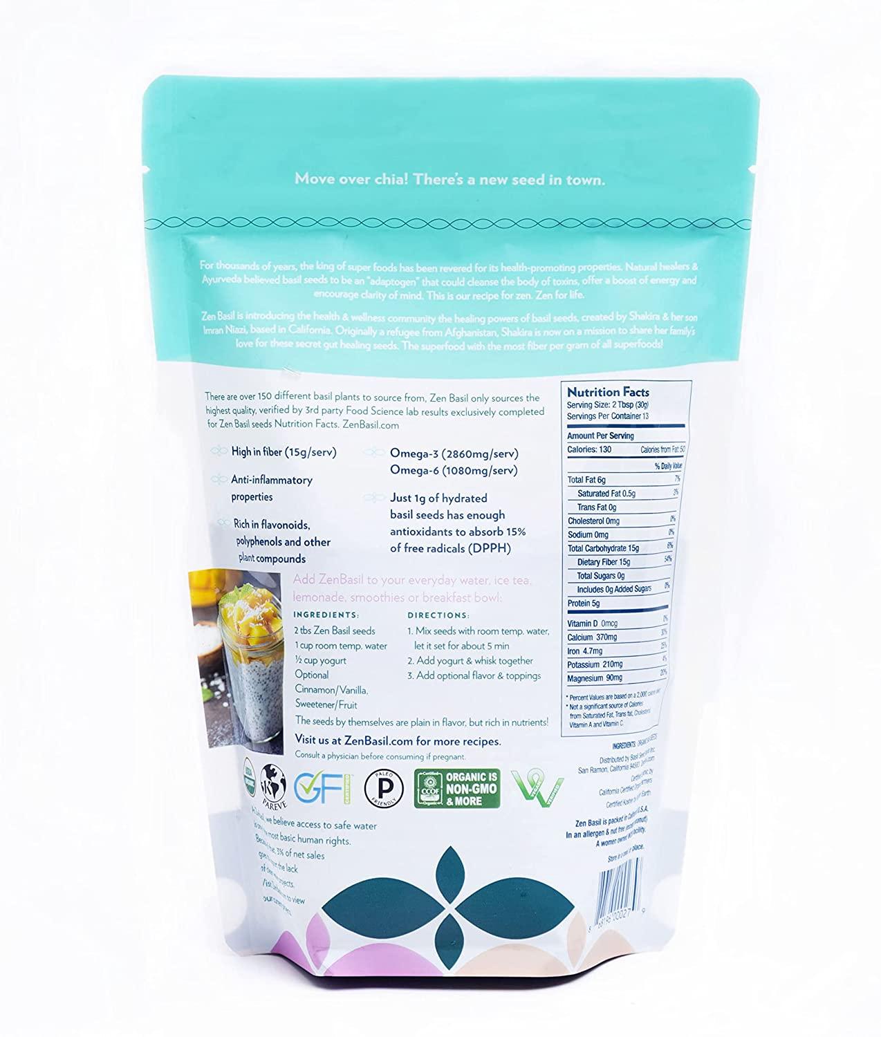 Zen Basil Seeds Edible Basil Seeds USDA Organic Kosher NonGMO Lectin