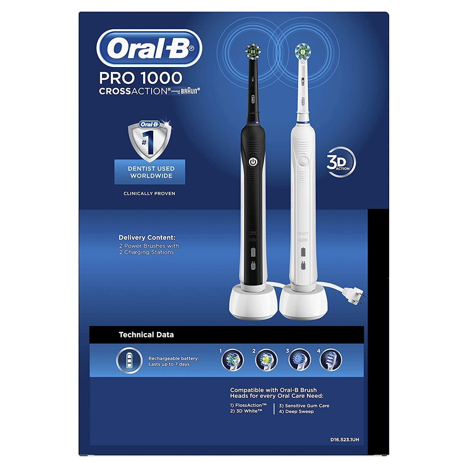 Oral-B Pro 1000 CrossAction Electric Toothbrush Duo Pack - Black