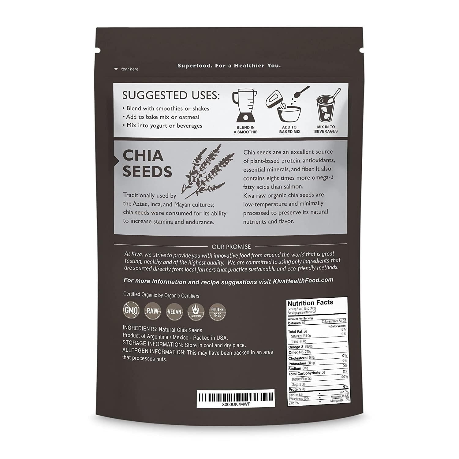 Kiva Organic Raw Chia Seeds, 16 oz. bag USDA Organic Premium, Raw