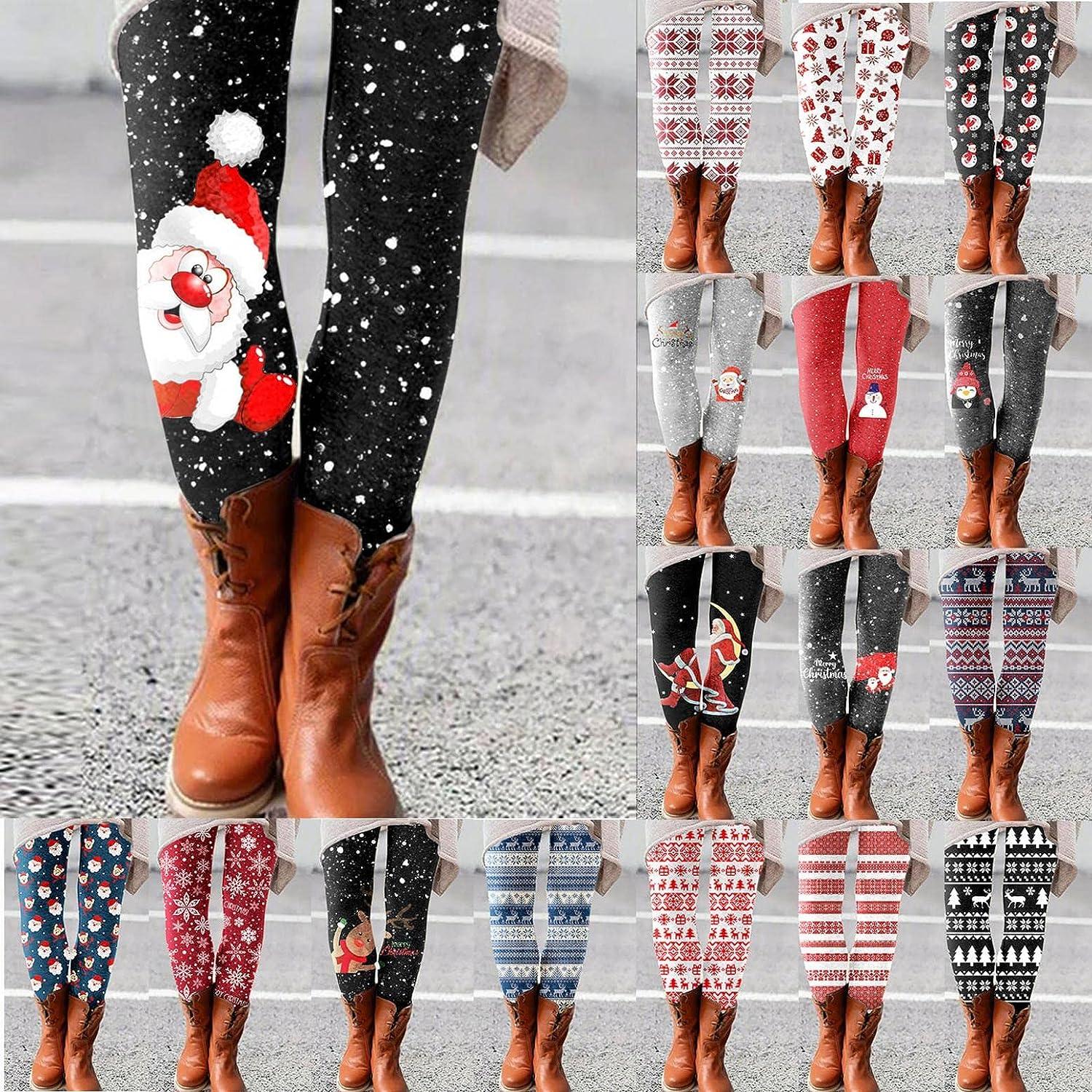 SolwDa Sweatpants Women Yoga Pants Christmas Leggings High Waisted Workout  Pants Tummy Control Santa Claus Print Gym Legging #07-black XX-Large