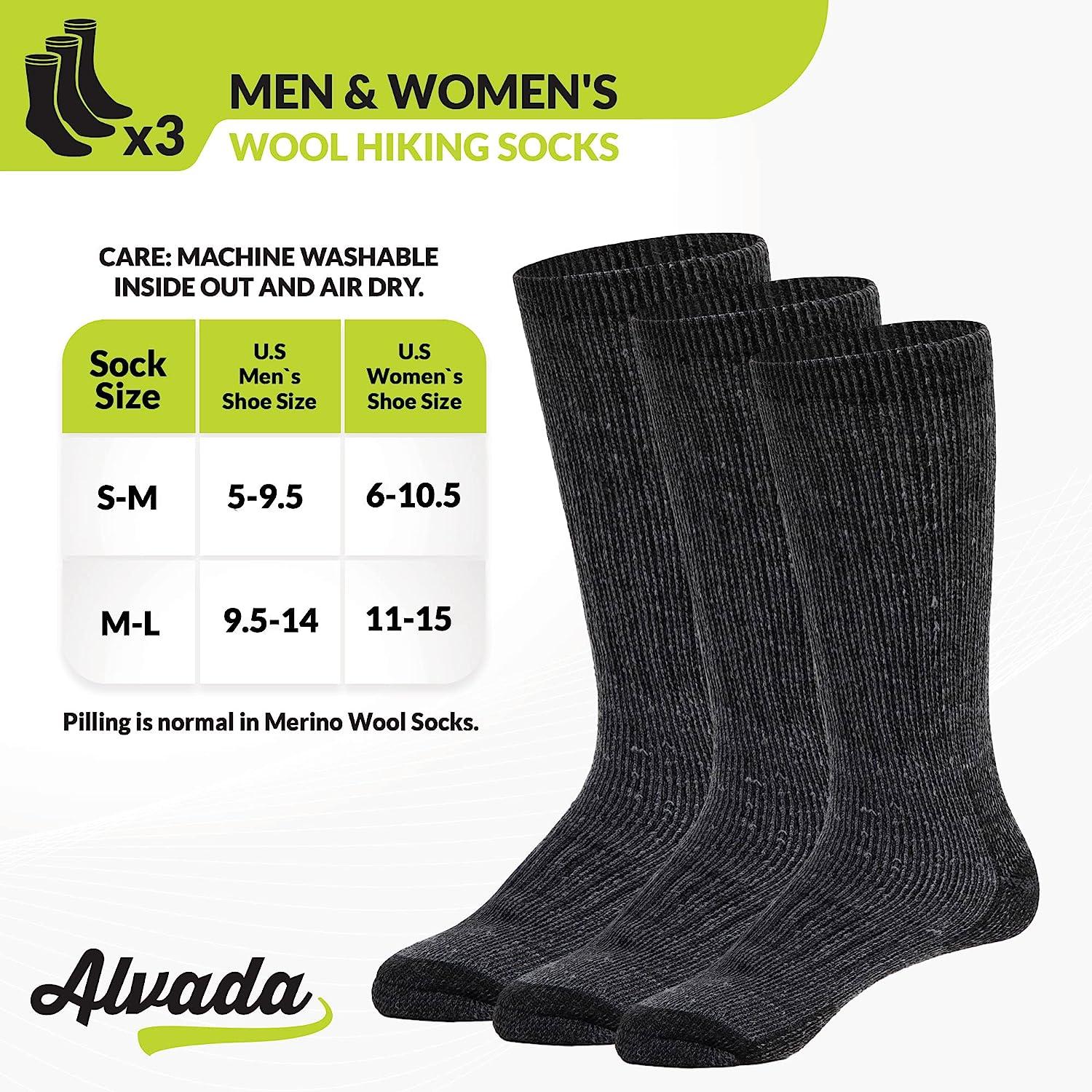 Alvada Merino Wool Hiking Socks Thermal Warm Crew Winter Boot Sock For Men  & Women 3 Pairs 9.5-14 A7-black (3 Pairs)