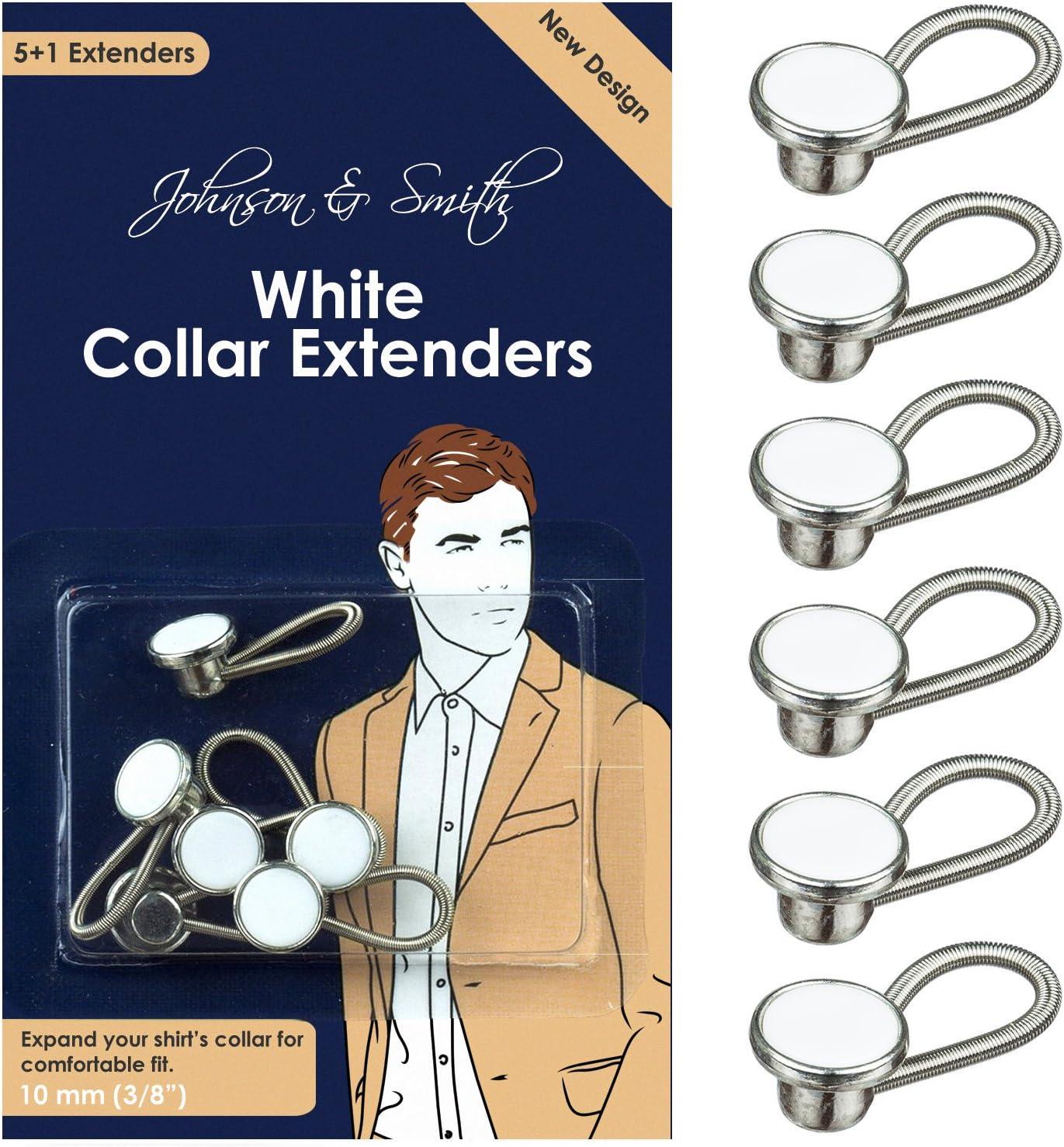 White Metal Collar Extenders by Johnson & Smith Stretch Neck Extender for 1/2 Size Expansion of Men Dress Shirts, 5 +1 Pack, 3/8"