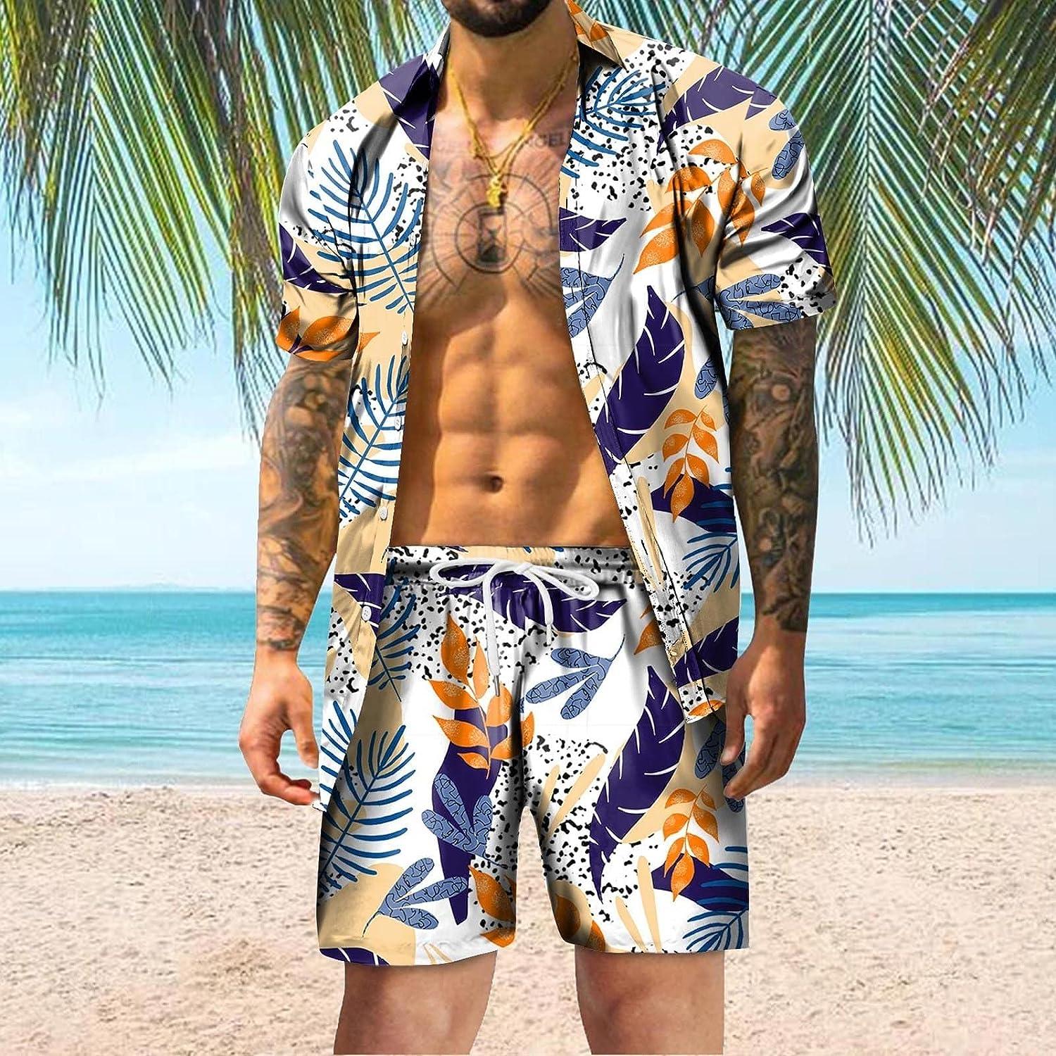 HOKCUS Vacation Outfits for Men, Summer Tropical Flower Print Button Hawaiian  Shirts & Shorts Set 2 Pieces Outfit Beach Set 02-green Large