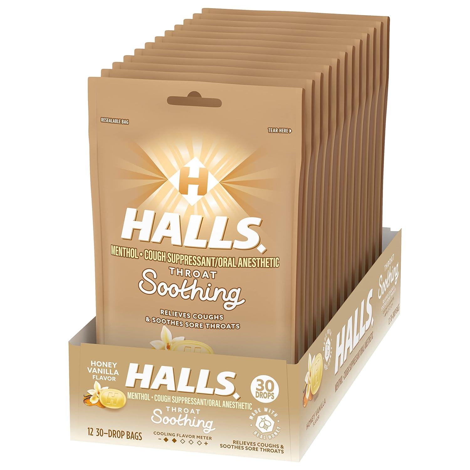 HALLS Throat Soothing Honey Vanilla Cough Drops 12 Bags of 30 Drops