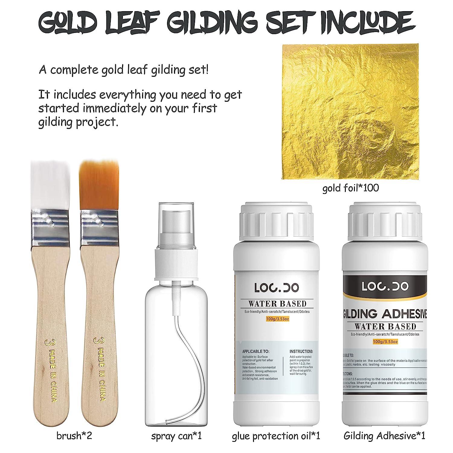 Wadities Gold Leaf Gilding Adhesive Set, 100ml Water Based Metal Leaf Glue and 100ml Varnish, Gold Leaf Sheets 100 Pcs, 2 Brushes, for Craft, Painting