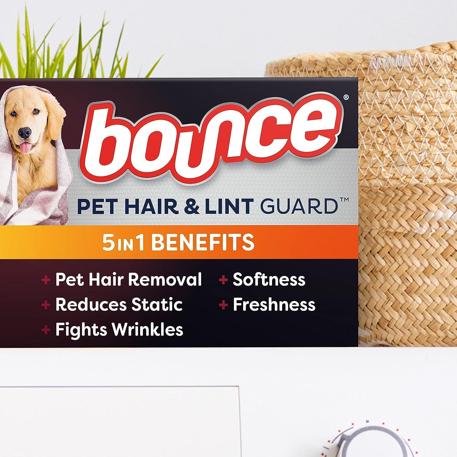 Bounce Pet Hair and Lint Guard Mega Fabric Softener Dryer Sheets with 3X Pet Hair Fighters