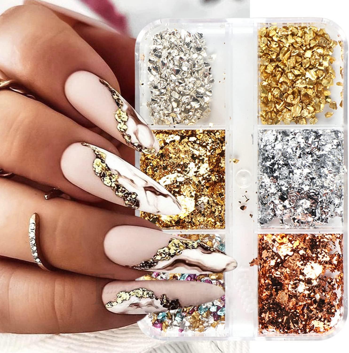 6 Colors Holographic Nail Foil Glitter Flakes Irregular 3D Sparkly Aluminum  Foil Flake Gold Silver Colorful Nail Art Design Glitter Flakes Confetti  Acrylic Nail Art Supplies for Women DIY Nails P4