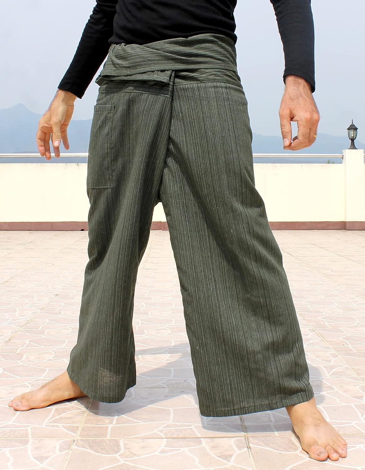 RaanPahMuang Striped Thai Fisherman Pants Men Women Loose Yoga Pirate Harem  Medium-Large Rifle Green