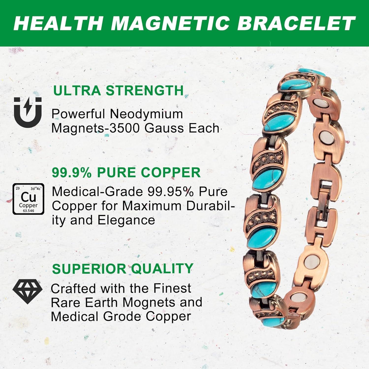 YINOX Bracciale In Rame Con Magnetoterapia Per Donna – Allevia Dolori Da Artrite E Polso, Turchese Turco, 3500 Gauss - 2