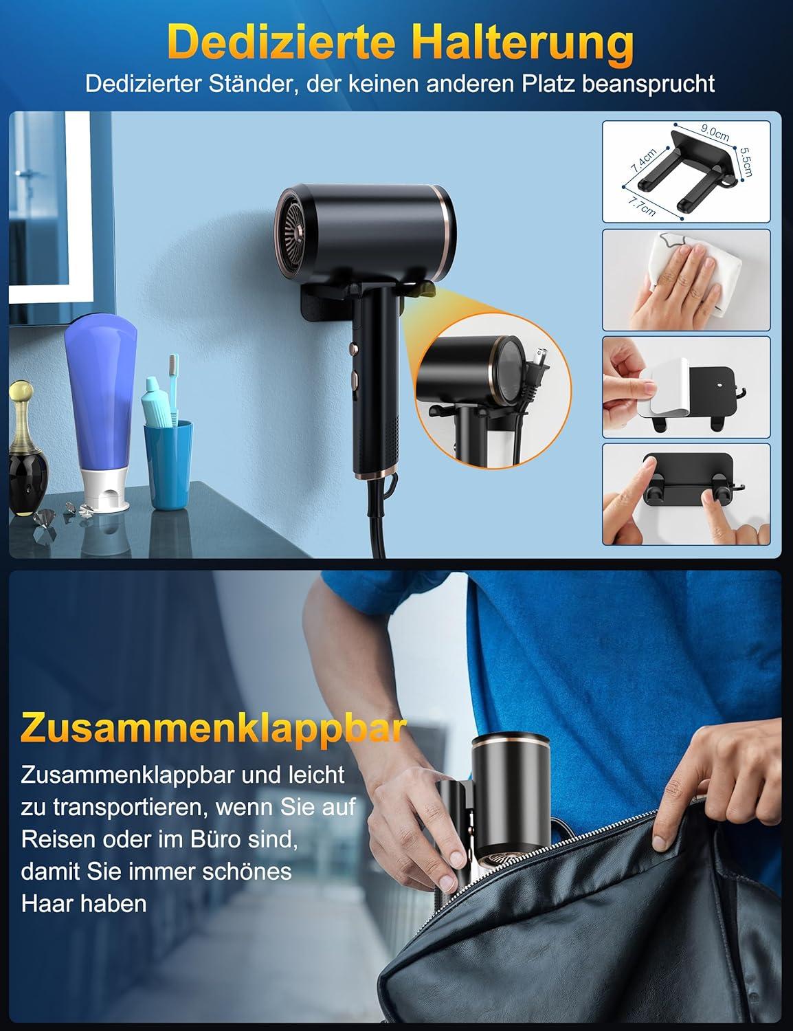 Ionic Travel Hairdryer Foldable Hair Blow Dryer Professional 2400W Hair Dryer With Diffuser Nozzle Hairdryers For Women Men, Powerful Airflow Quick Drying & Easy To Carry, Grey/Purple - View #5