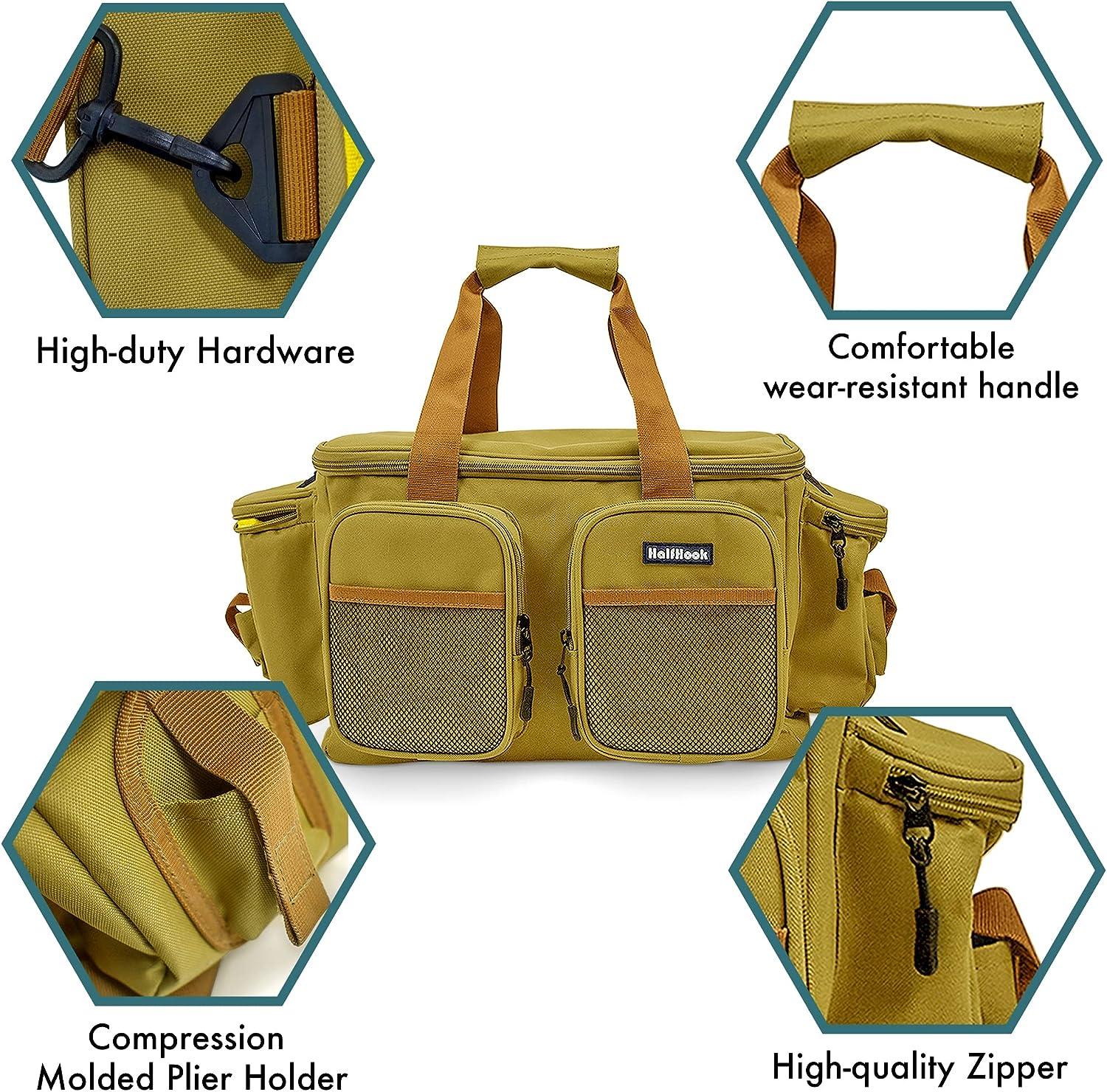Halfhook Nylon Fishing Tackle Bag Waterproof Fishing Tackle Bag with 6  External & 1 Main Compartment Heavy Duty Hardware Fishing Gear Bag Capacity  to Hold 4 Tackle Boxes - 14.57*9.06*9.84 Khaki