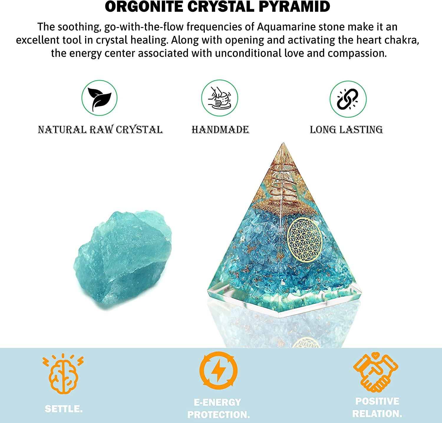 Inspirational Aquamarine Crystal Orgone Pyramid Copper COIL Raw Clear