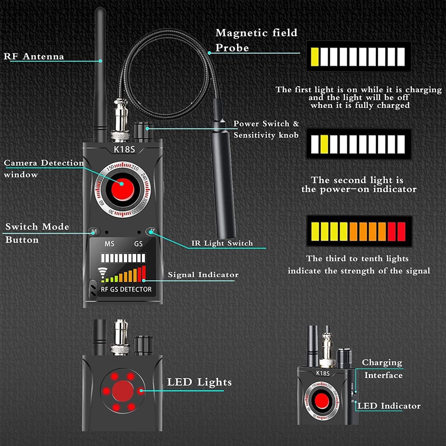 MUXAN Détecteur Anti-Espion K18 Professionnel – Traqueur Caméras Cachées, Bugs, GPS Voiture, Signaux WiFi 1MHz-8GHz Haute Sensibilité