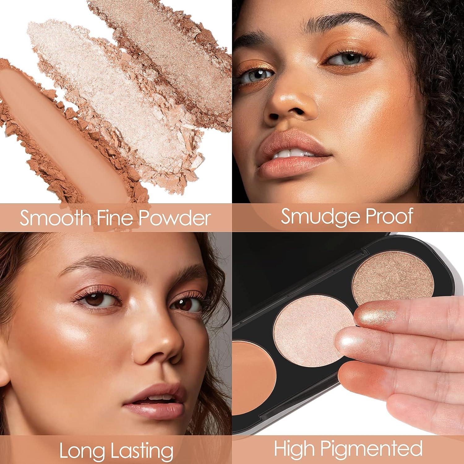 FOCALLURE Blush and Highlighter Palette,3 in 1 Makeup Powder Palette