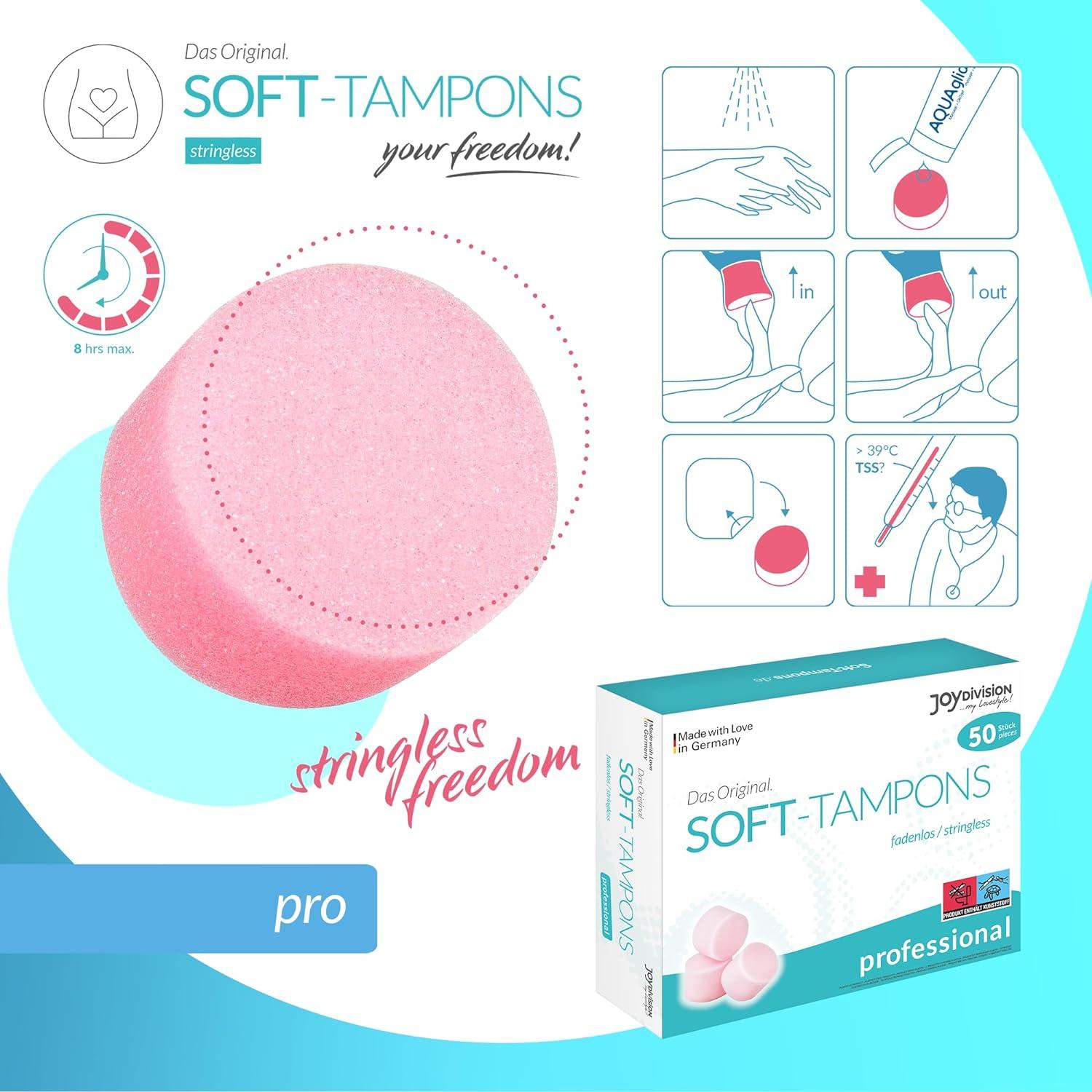 JOYDIVISION Soft-Tampons Professional I 50 Pieces I Threadless tampons for  Sports Swimming & spa I Menstrual sponges Ultra Soft I Easy Insertion &  Removal I Soft Tampon Without Thread Professional 50 pieces