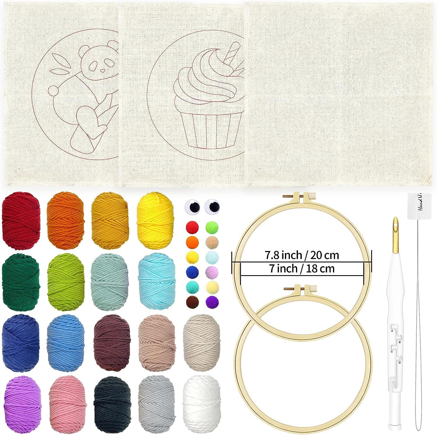 Wool Queen Punch Needle Beginner DIY Kit, 1 Punch Tool /18 Colors Yarn/Two 8.4'' Imitated Wood Hoops & Monk's Cloth and 5 Design Patterns for Kids
