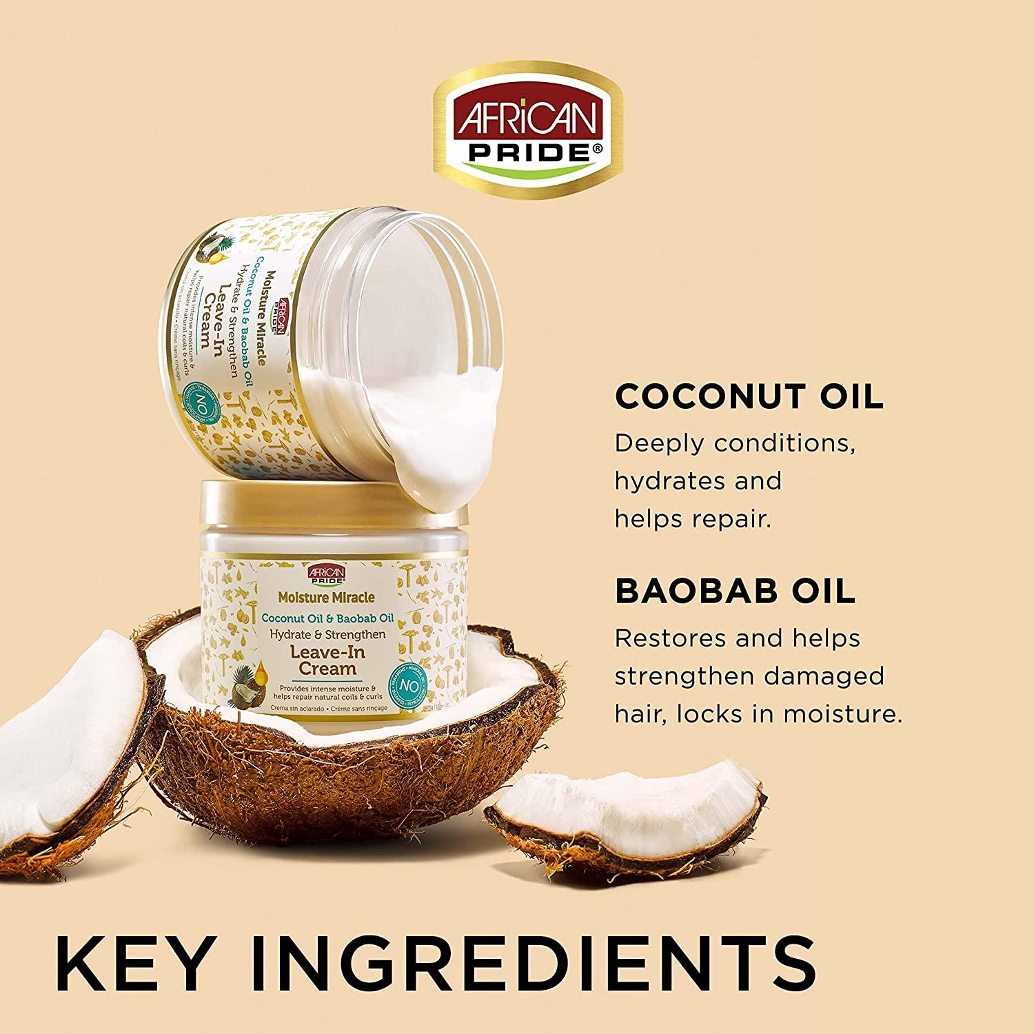 African Pride Moisture Miracle Coconut Oil & Baobab Oil Leave-In Hair Cream  (3 Pack) - Provides Intense Moisture & Helps Repair Natural Coils & Curls,  Hydrates & Strengthens, 15 oz Coconut 15