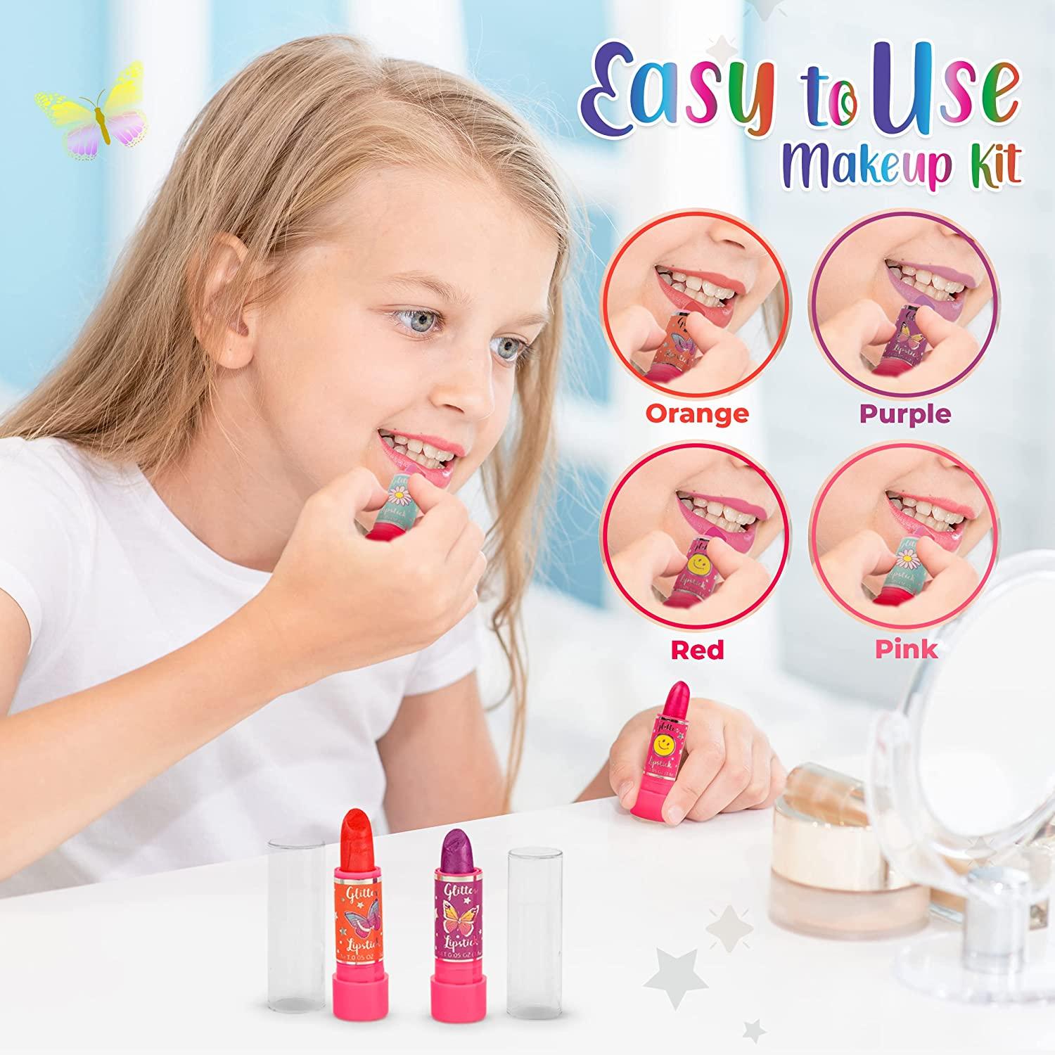 Hot Focus Makeup Kit for Girls with 4 Kids Lipsticks & Glitter Eyeshadow  Palette - Kid Friendly, Washable Beauty Kit - Pretend Play Make Up Set -  Cosmetics Gifts for Little Girls (Applicator Included) Flower
