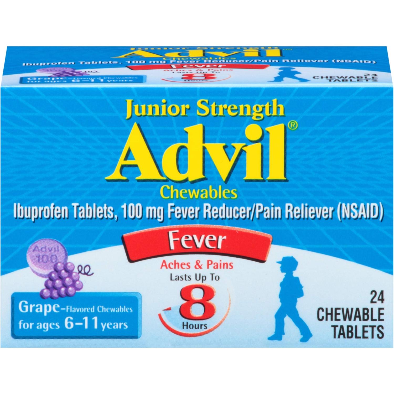Advil Junior Chewable Ibuprofen Tablets Grape 100mg 24 Tablets Each