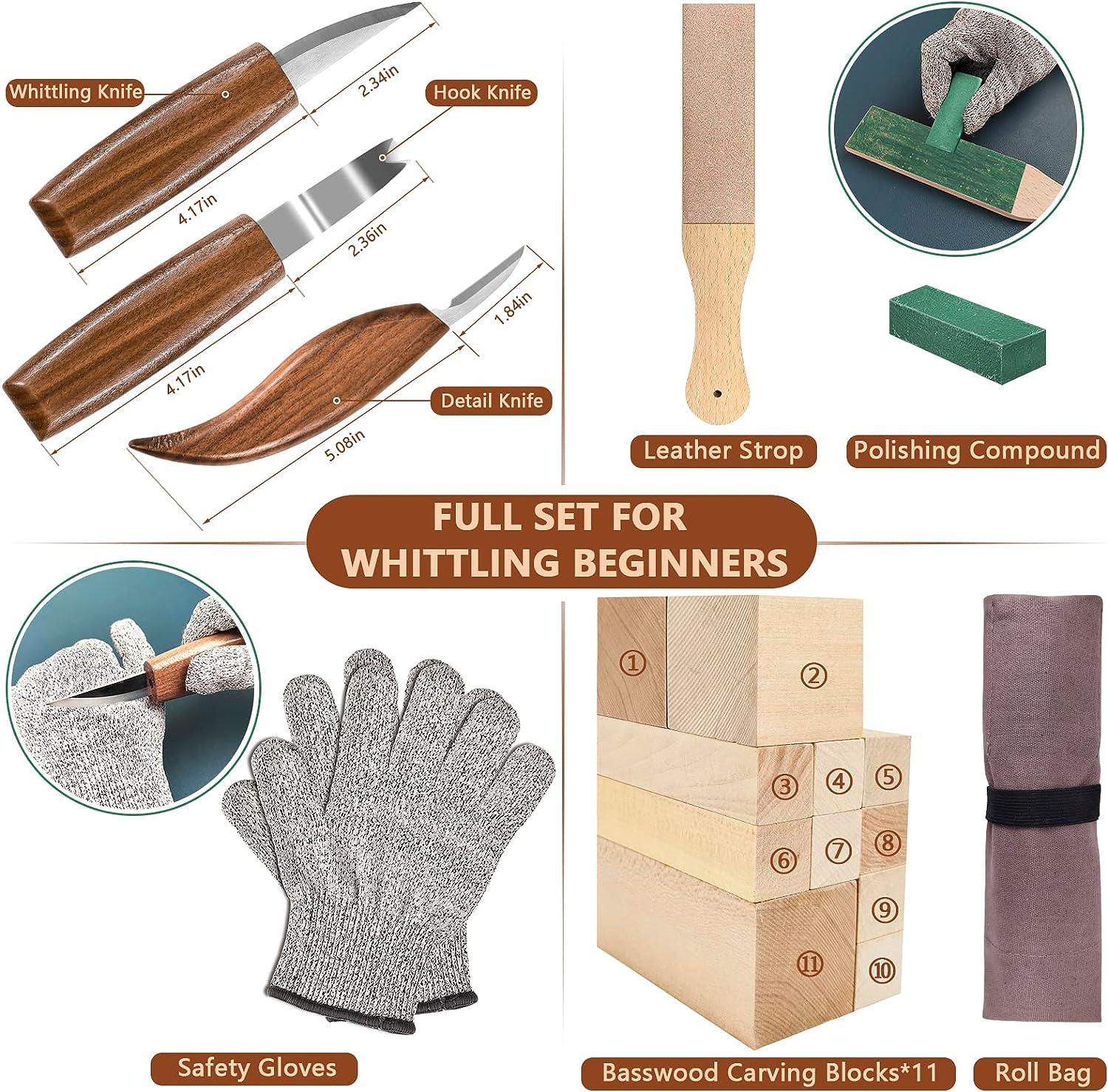 Wood Carving Kit Whittling Kit for Beginners 19PCS Wood Carving Tools with  3PCS Whittling Knife 11PCS Basswood Blocks & Gloves & Strop Block &  Polishing Compound Wood Carving Set Hobbies for Adults