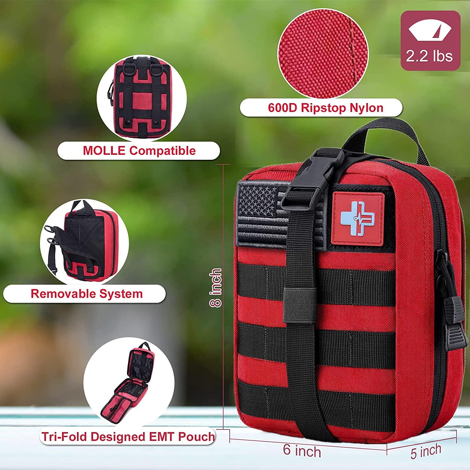 2022 Upgrade] Trauma First Aid Kit with Survival Gear Outdoor Tactical Gear  Set Military Grade Molle System for Camper Travel Hunting Hiking and  Adventures(RED)