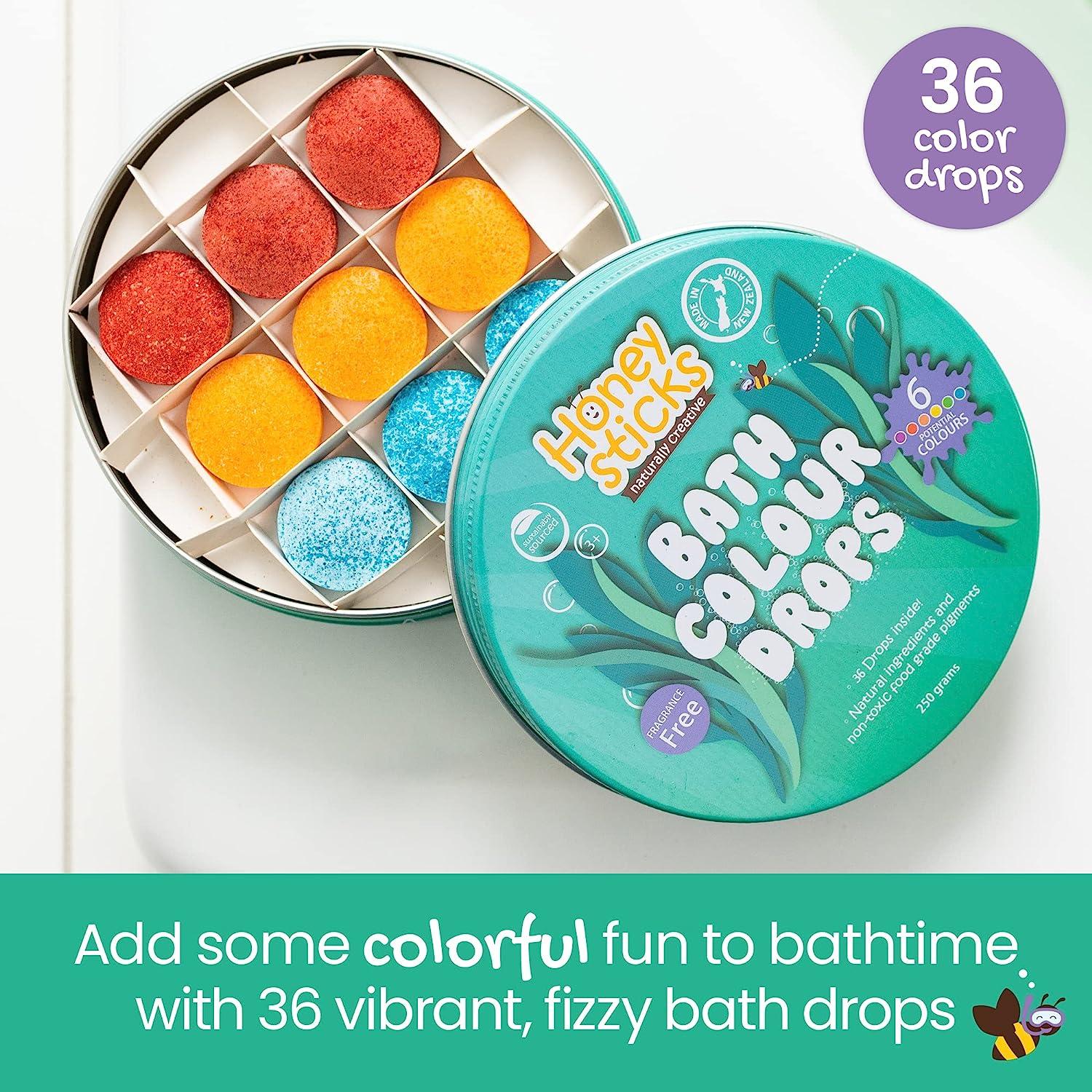 Honeysticks Bath Color Tablets for Kids - Non Toxic Bathtub Color Drops  Made with Natural and Food Grade Ingredients - Fragrance Free - Fizzy,  Brightly Colored Bathtime Fun, Great Gift Idea - 36 Drops