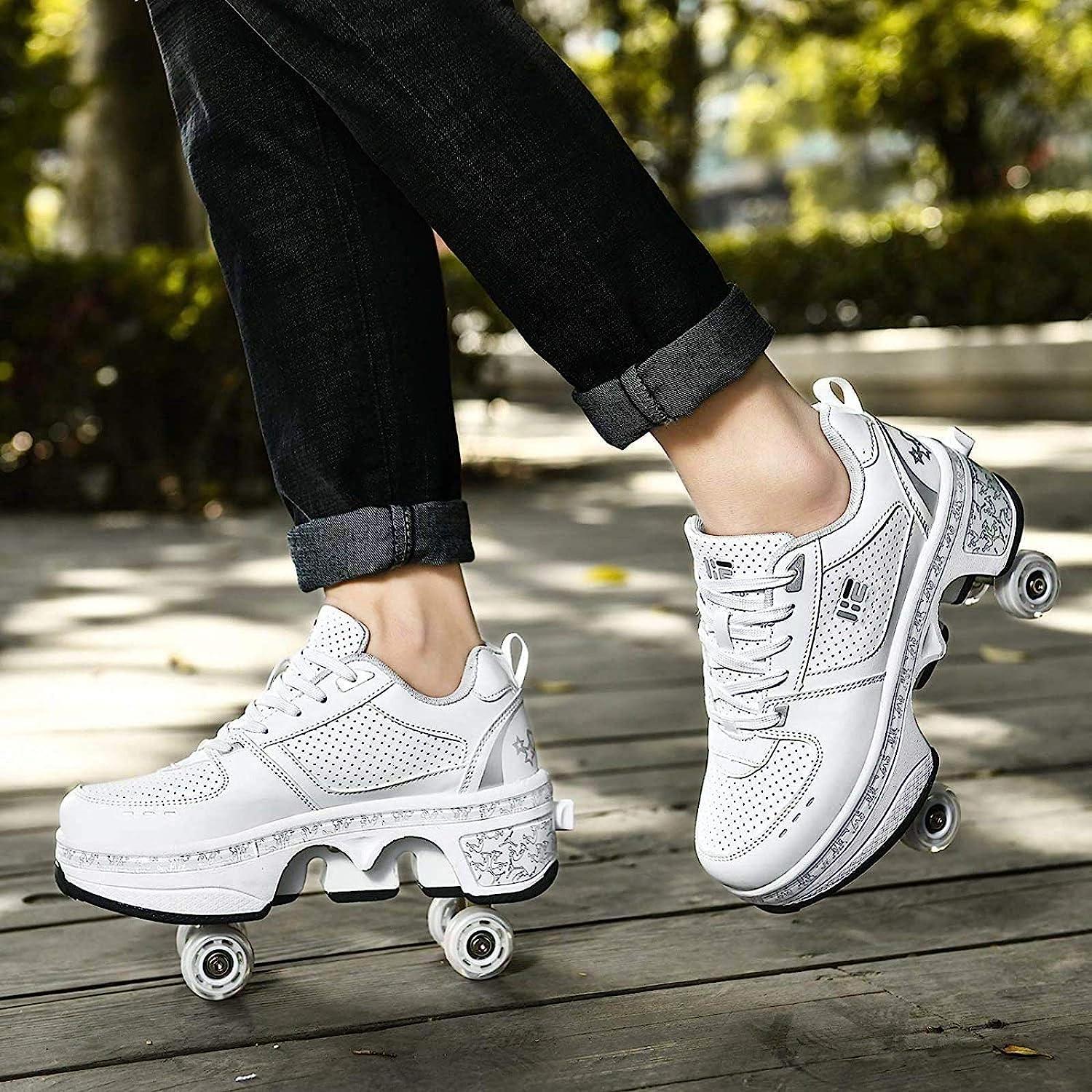 Roller Skates for Women Outdoor,Parkour Shoes with Wheels for  Girls/Boys,Kick Rollers Shoes Retractable Adults/Kids,Quad Roller Skates  Men,Unisex Skating Shoes Recreation Sneakers Silver 8.5US