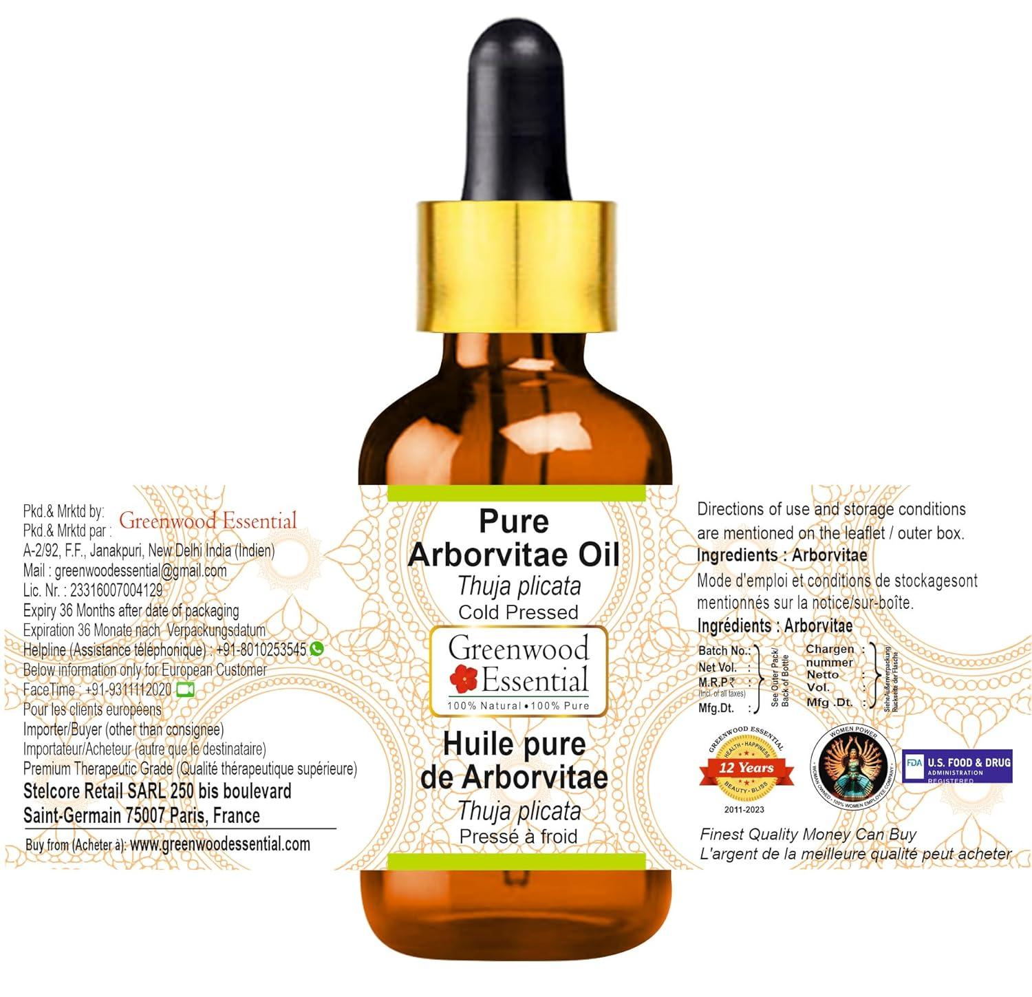 Greenwood Essential Arborvitae Oil (Thuja plicata) with Glass Dropper |  Cold Pressed | Natural | Undiluted