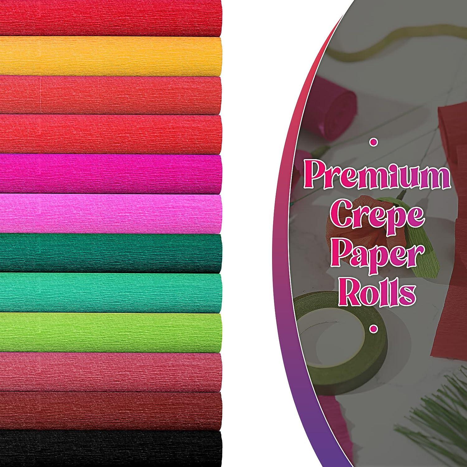 12 Colors Crepe Paper Rolls, 10 x 98Inch Wide Crepe Paper Sheets with  Floral Stem Wire and Green Floral Tapes for DIY Gift Wrapping Paper Crafts