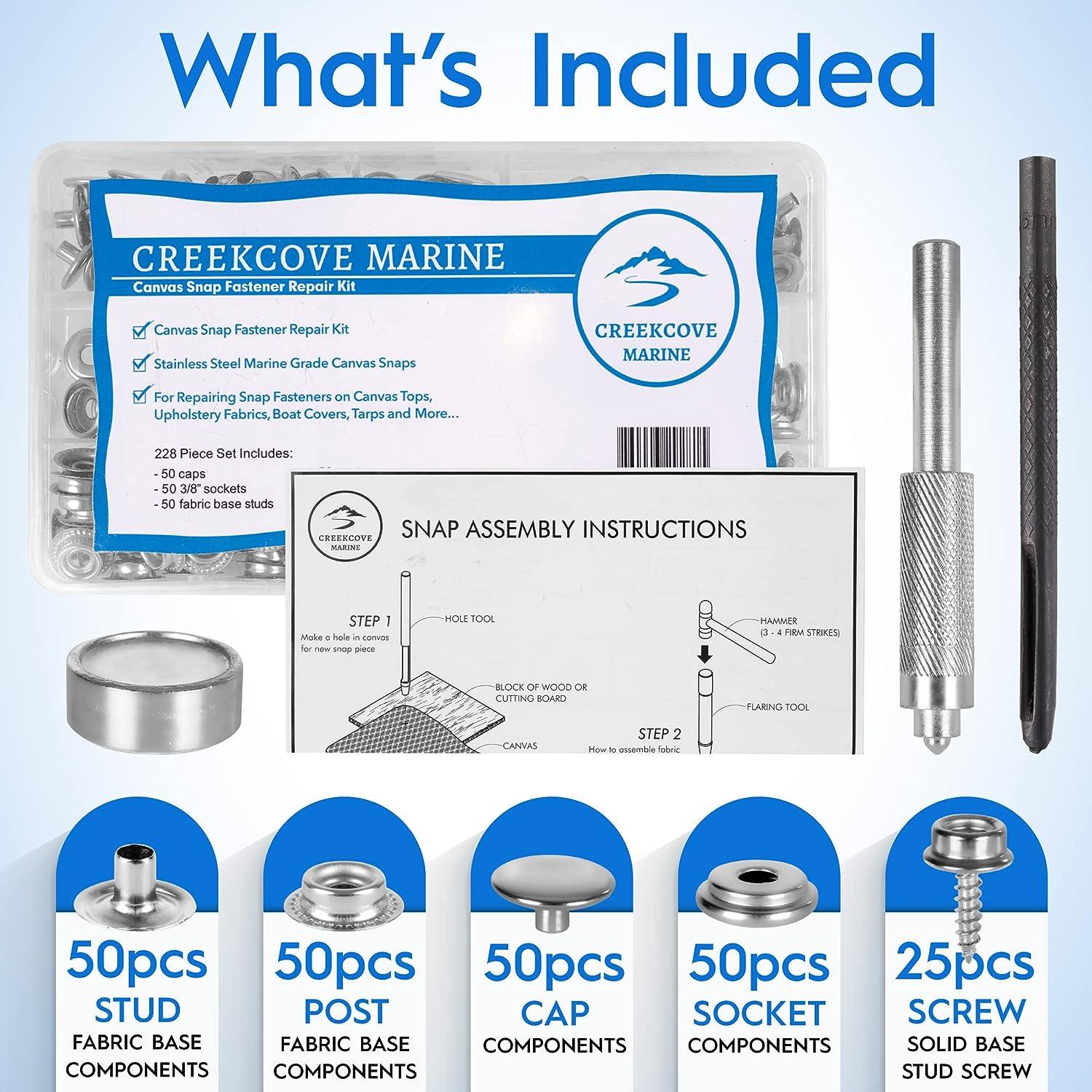 CreekCove Marine Canvas Snap Button Kit 228 Piece - Marine Grade Stainless  Steel Snaps, Fabric Base Components and Snap Tools Included