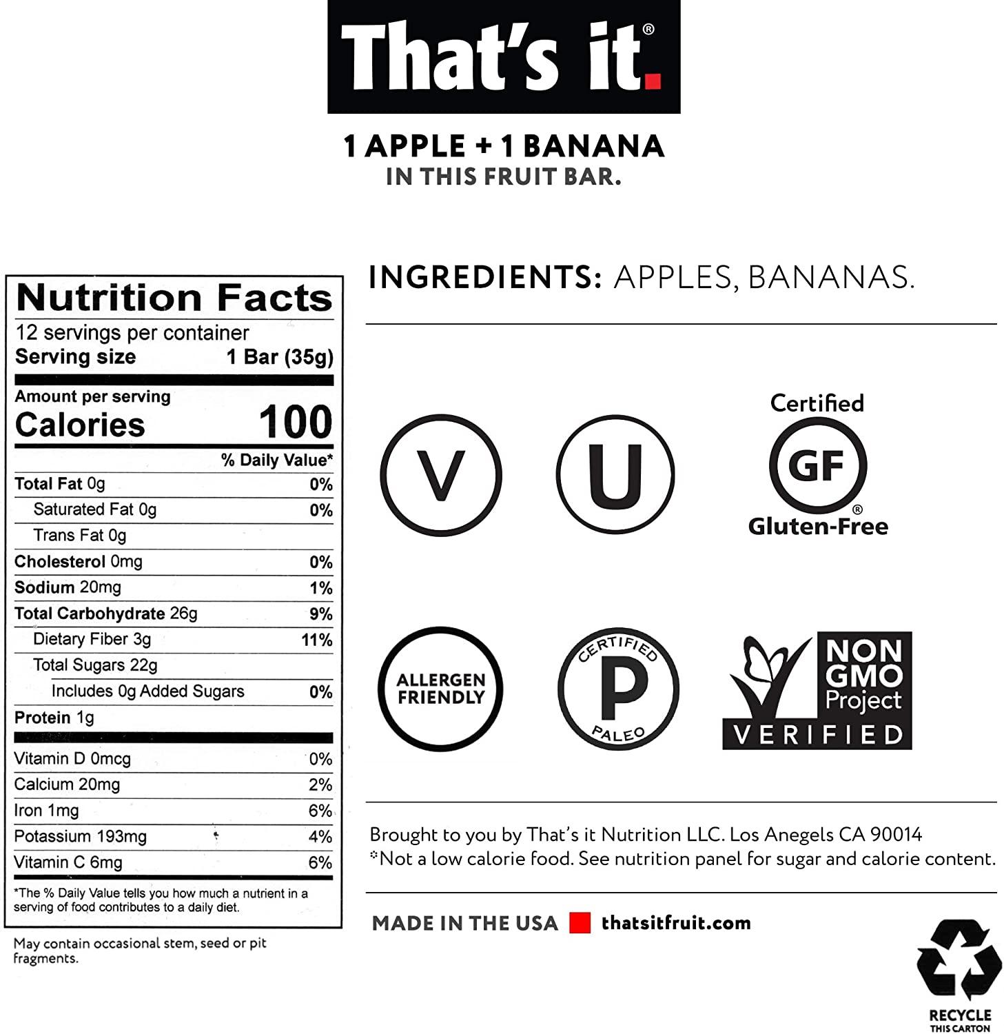 That's It Nutrition Apples + Banana 100 Natural Real Fruit Bar, Paleo