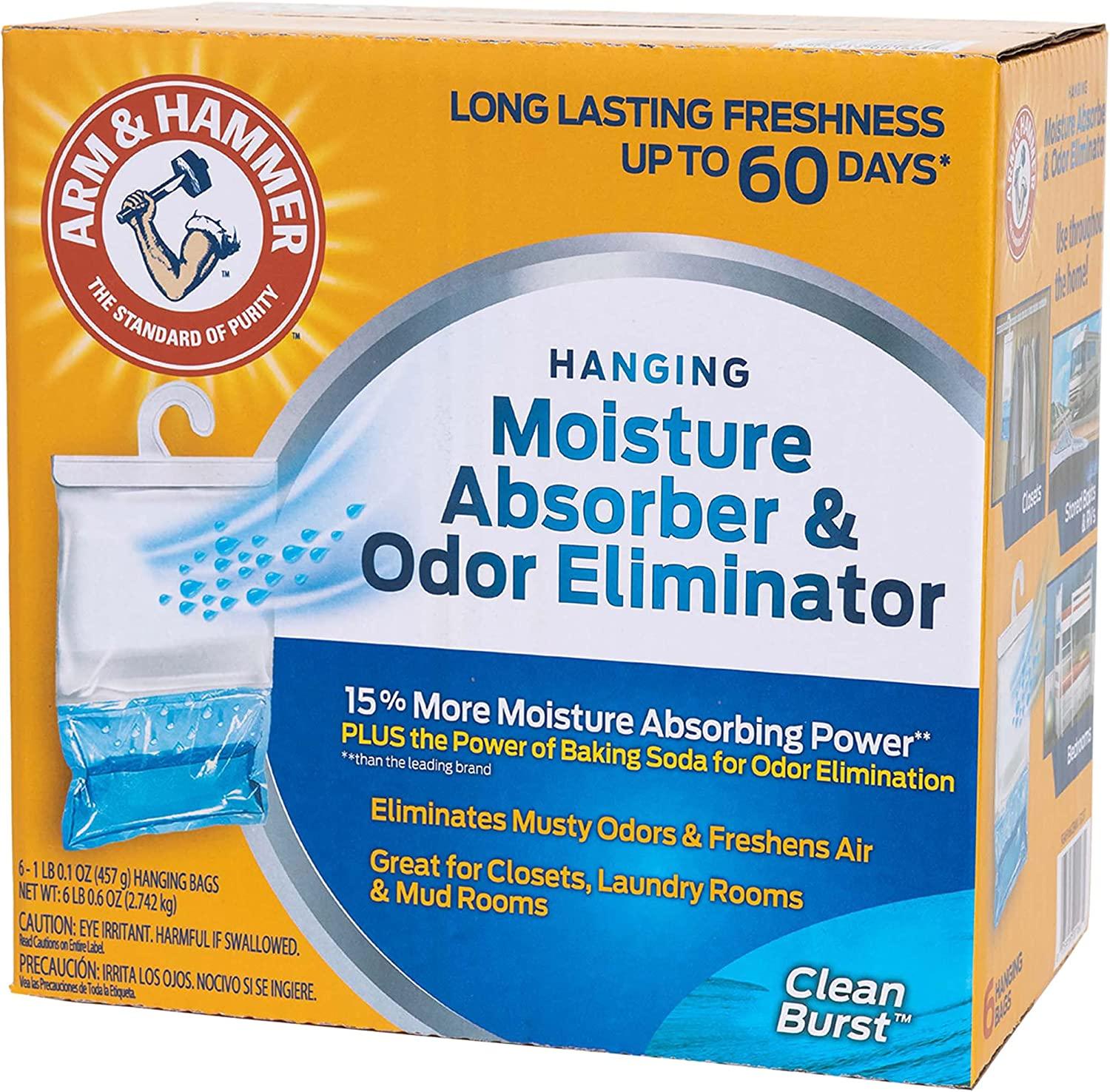 Arm & Hammer Hanging Moisture Absorber and Odor Eliminator, 16.1 oz., 6  Pack - Clean Burst, Moisture Absorbers for Closet and Small Rooms,  Long-Lasting Freshness