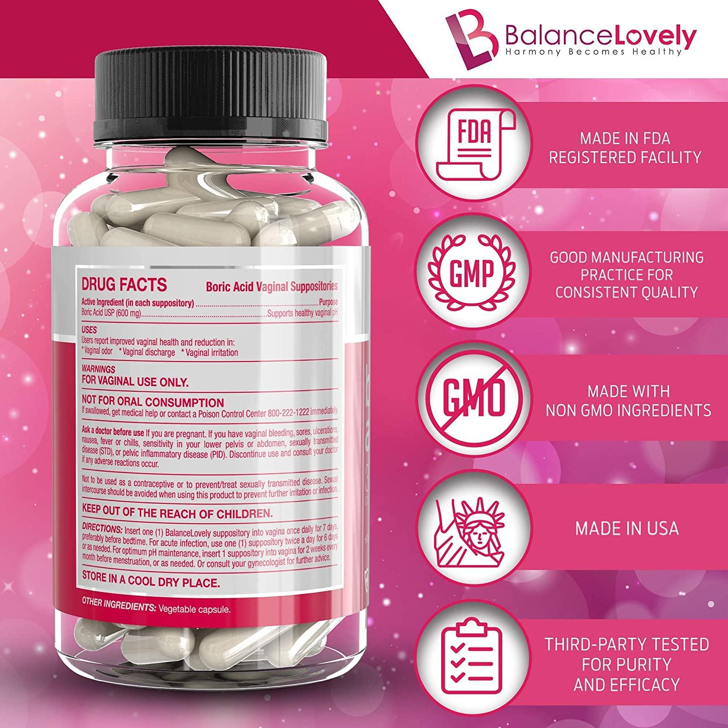 Boric Acid Suppositories 600mg Vegan Capsules for Feminine Hygiene & Vaginal Health