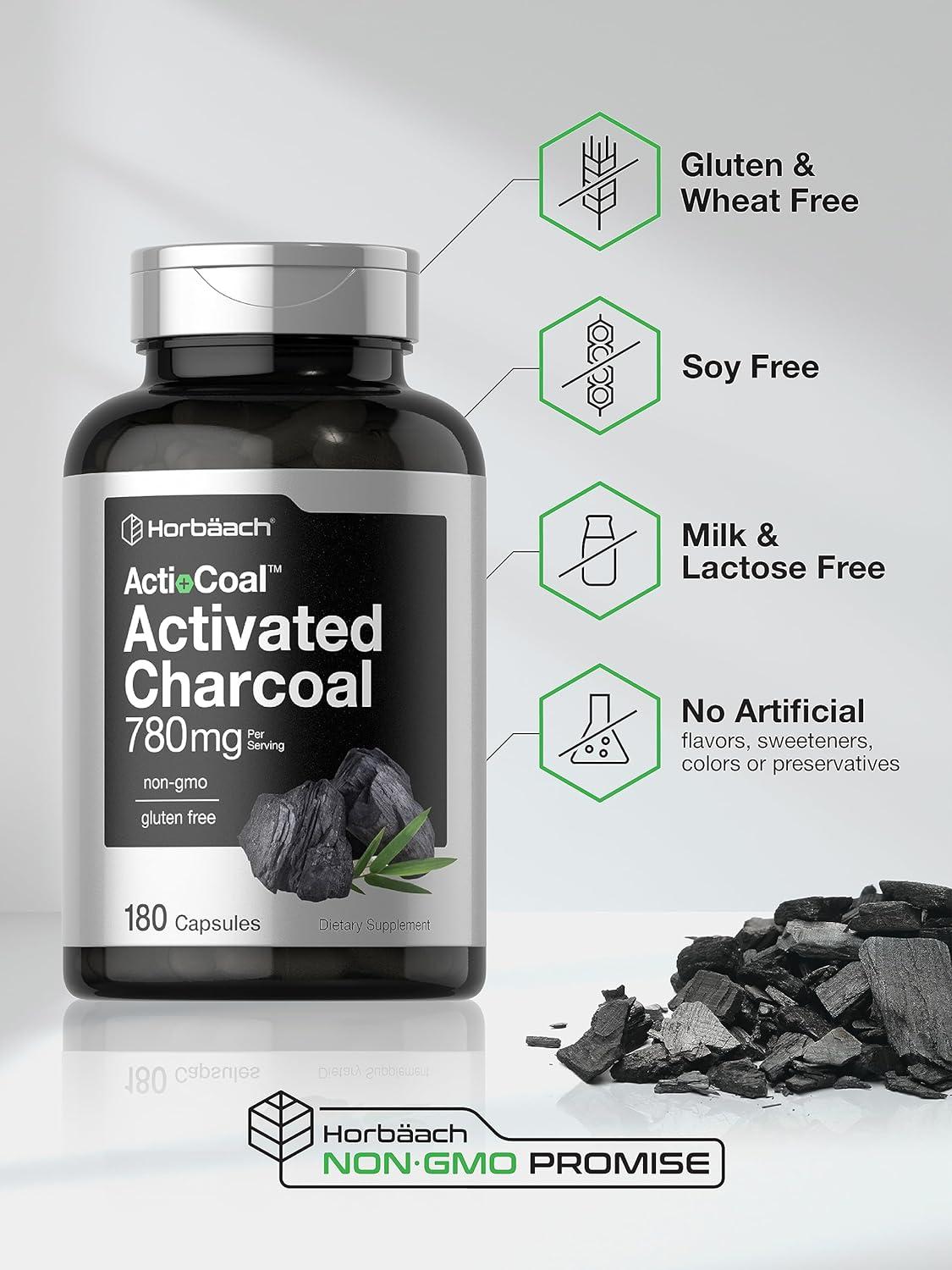 Activated Charcoal Pills 780mg 180 Capsules Coconut Shell Charcoal