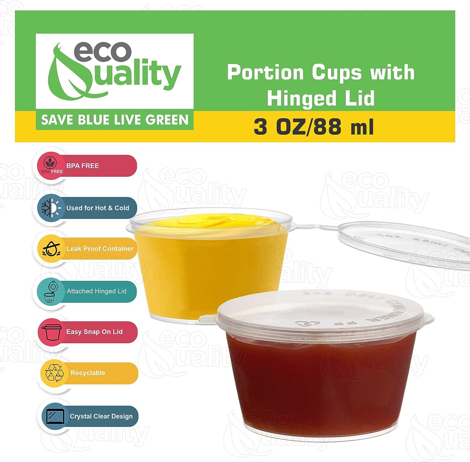 EcoQuality 50 PACK 3 Oz Leak Proof Plastic Condiment Souffle Containers  with Attached Lids - Portion Cup with Hinged Lid Perfect For Sauces,  Samples, Slime, Jello Shot, Food Storage & More!