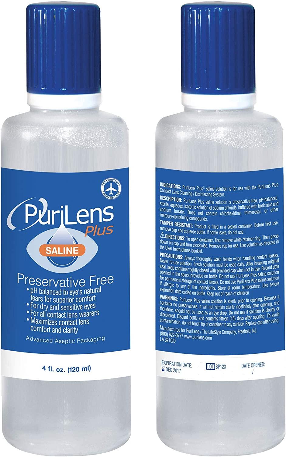 PuriLens Plus Preservative Free Saline 4 Fl Oz (120mL) Pack of 3 Bottles