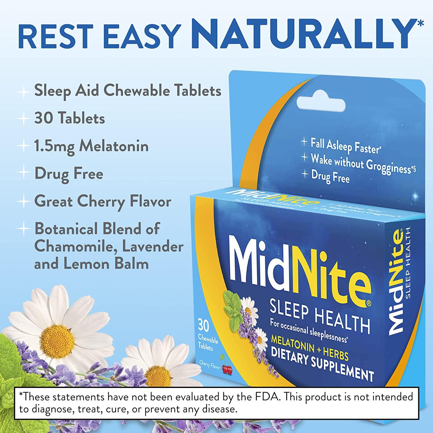 MidNite DrugFree Sleep Aid Supplement, 1.5mg Melatonin + Herbs, 30