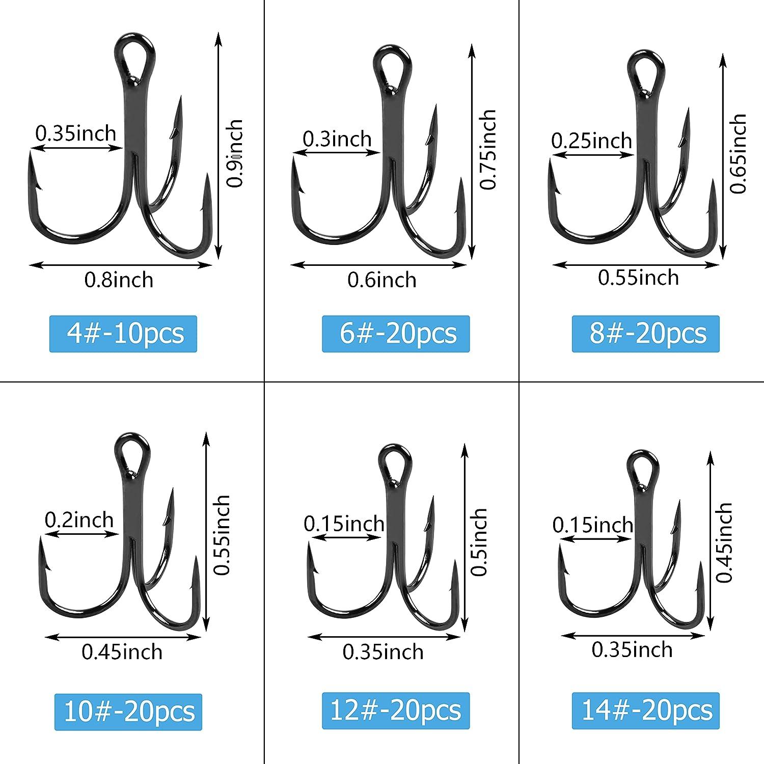 Fishing Treble Hooks Kit High Carbon Steel Hooks Strong Sharp Round Bend  for Lures Baits Saltwater Fishing 110pcs/box Mixed 6 Size 4 6 8 10 12 14