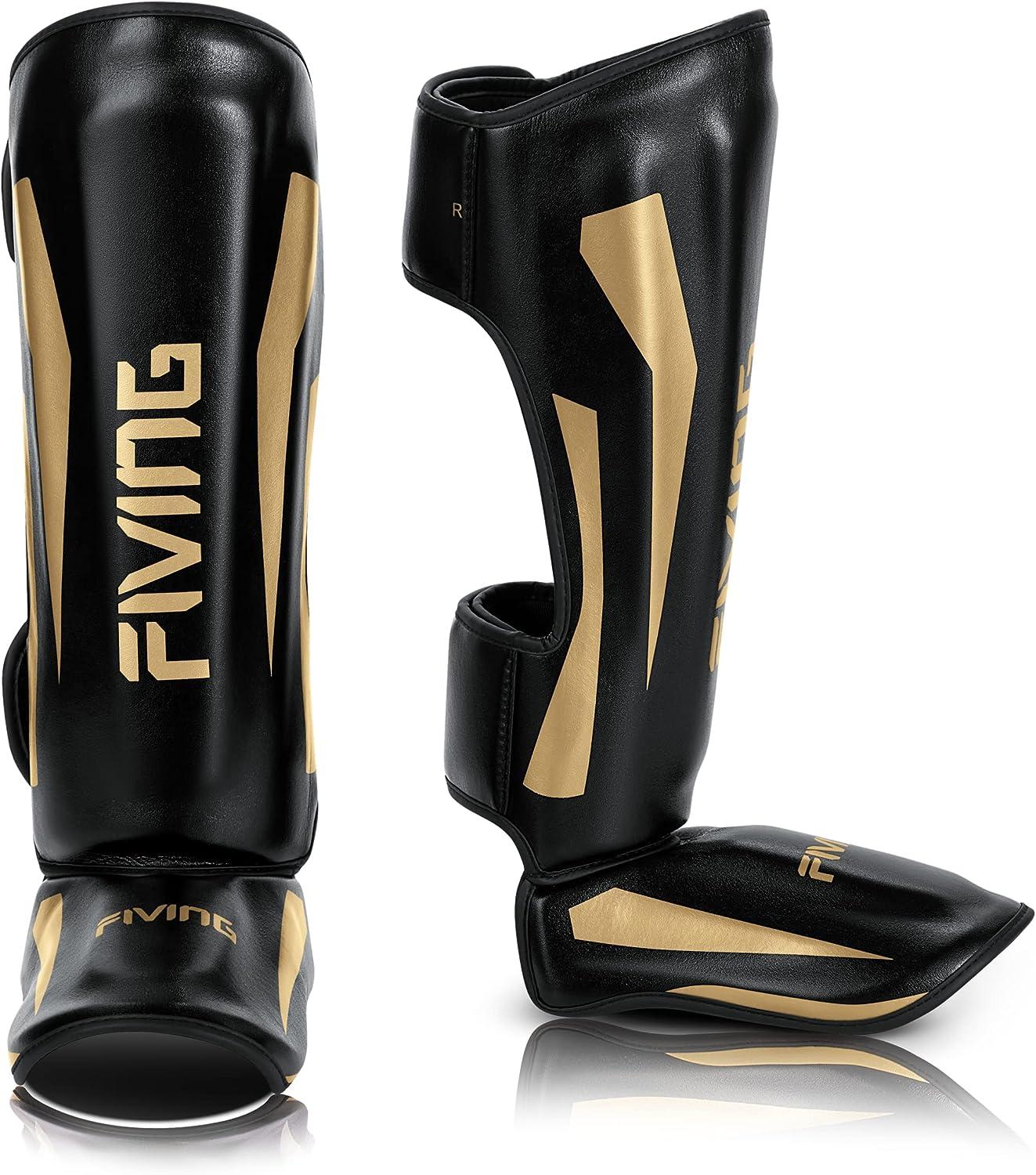 FIVING Martial Arts Shin Guards,Microfiber Leather, Padded, Adjustable Leg Guards with Instep